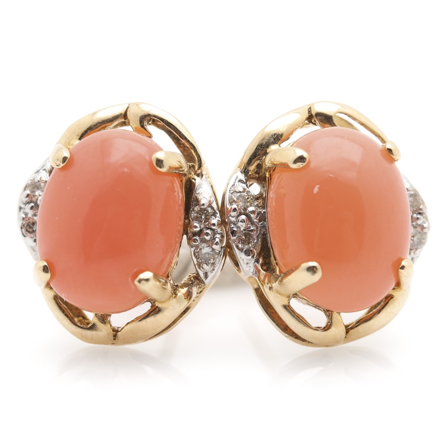 14K Yellow Gold Coral and Diamond Earrings