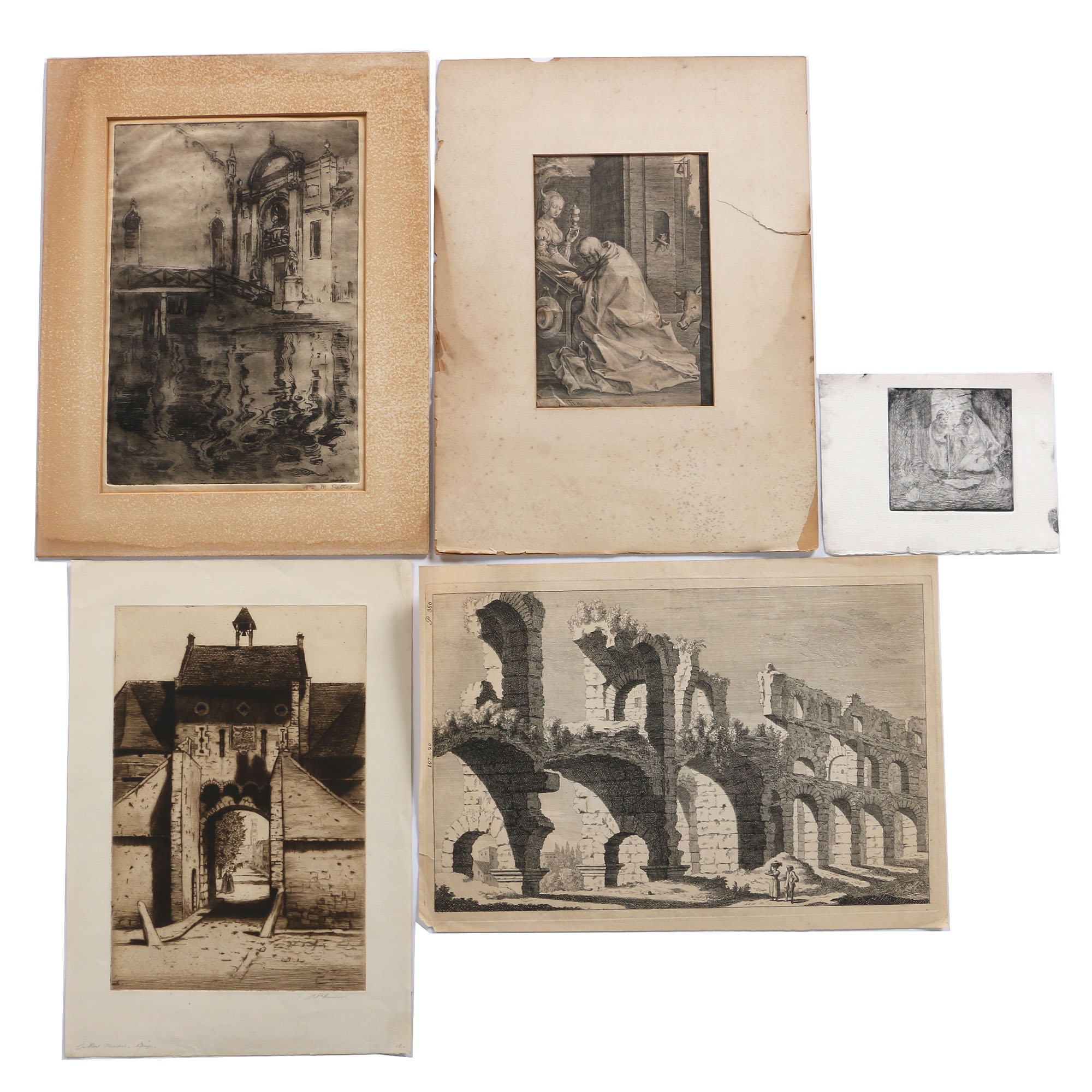 Monogrammed Old Master Print and Other Intaglio Prints of Various Scenes