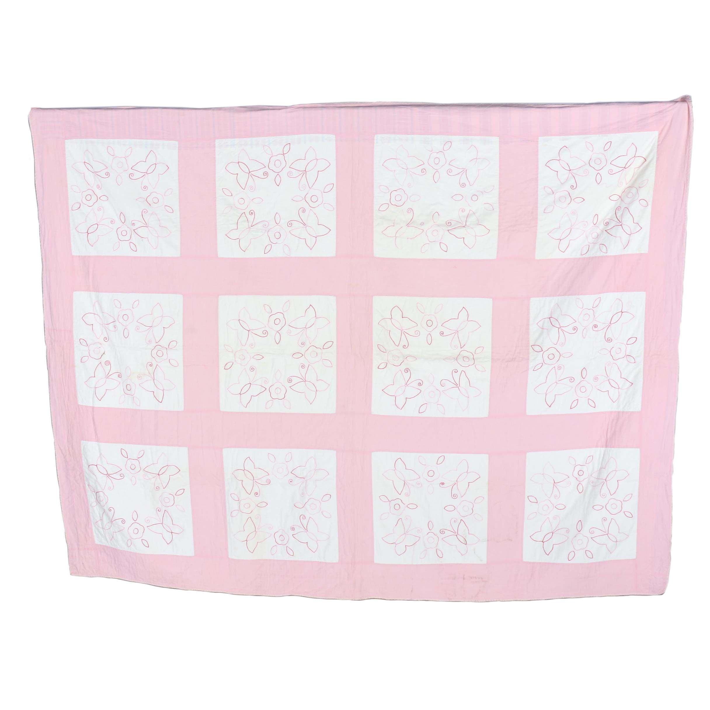 Vintage Handmade Embroidered Quilt with Flowers and Butterflies