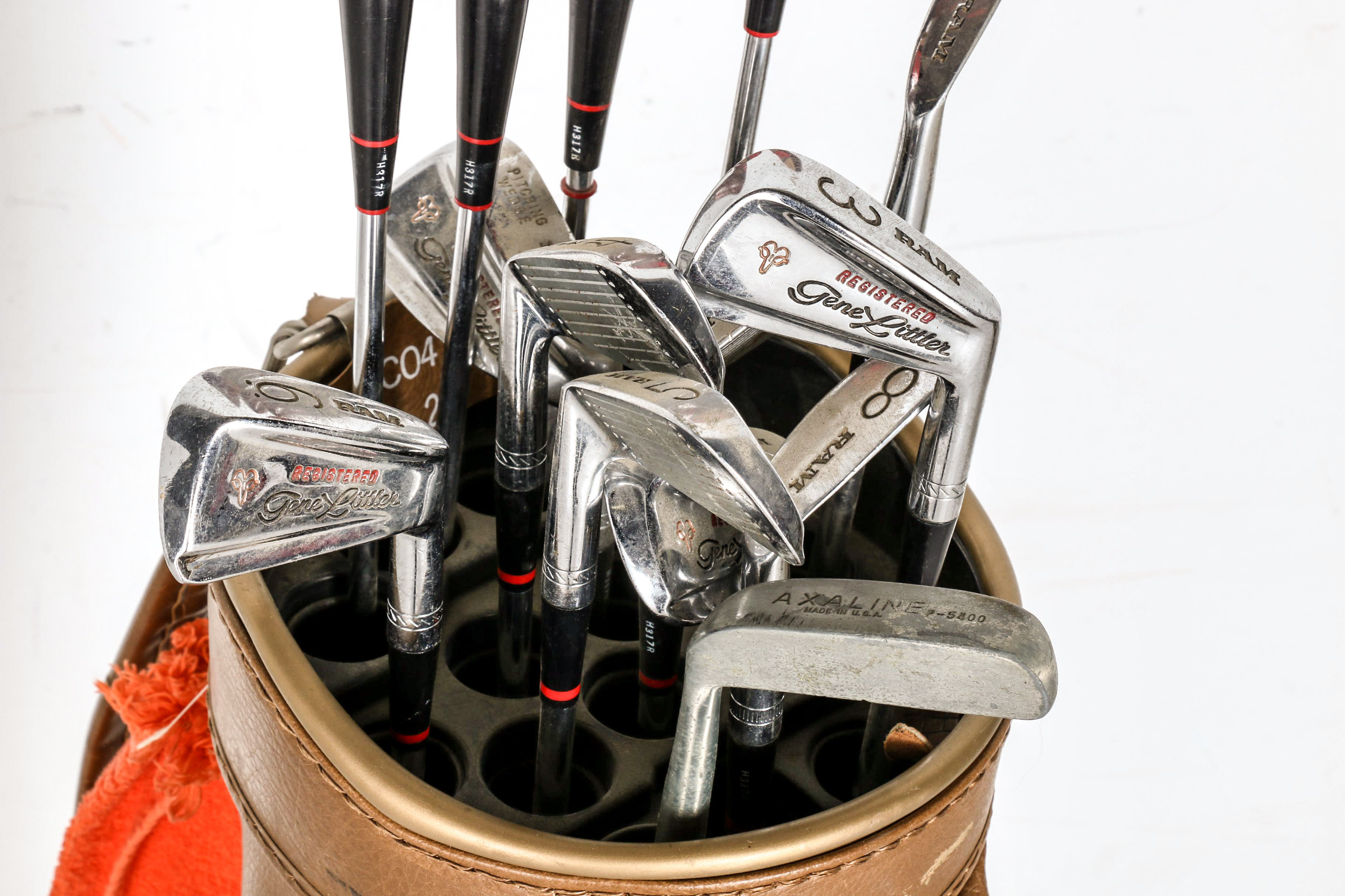 Vintage Brown Vinyl MacGregor Golf Bag with Fourteen Assorted Golf Clubs