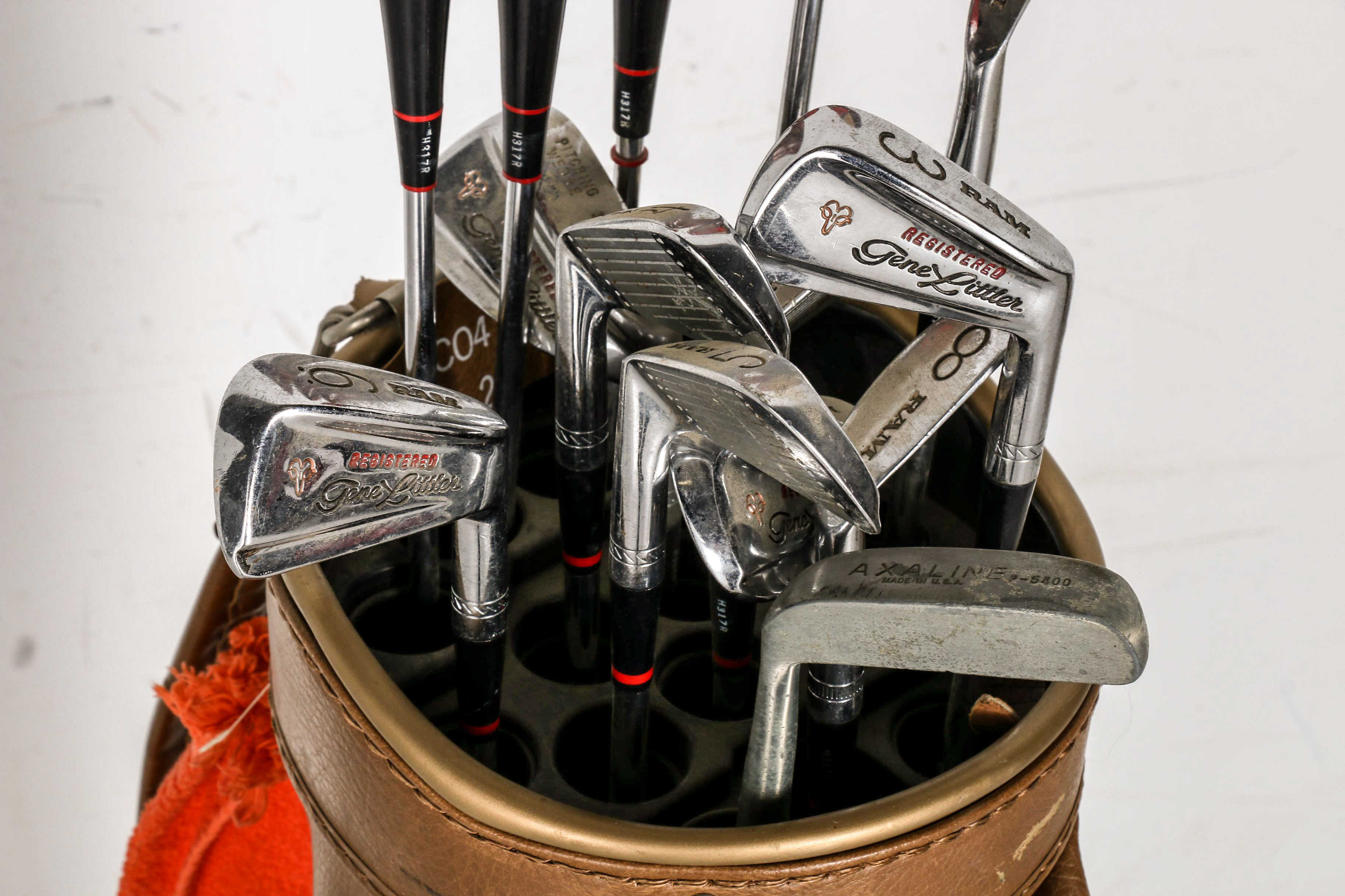 Vintage Brown Vinyl MacGregor Golf Bag with Fourteen Assorted Golf Clubs