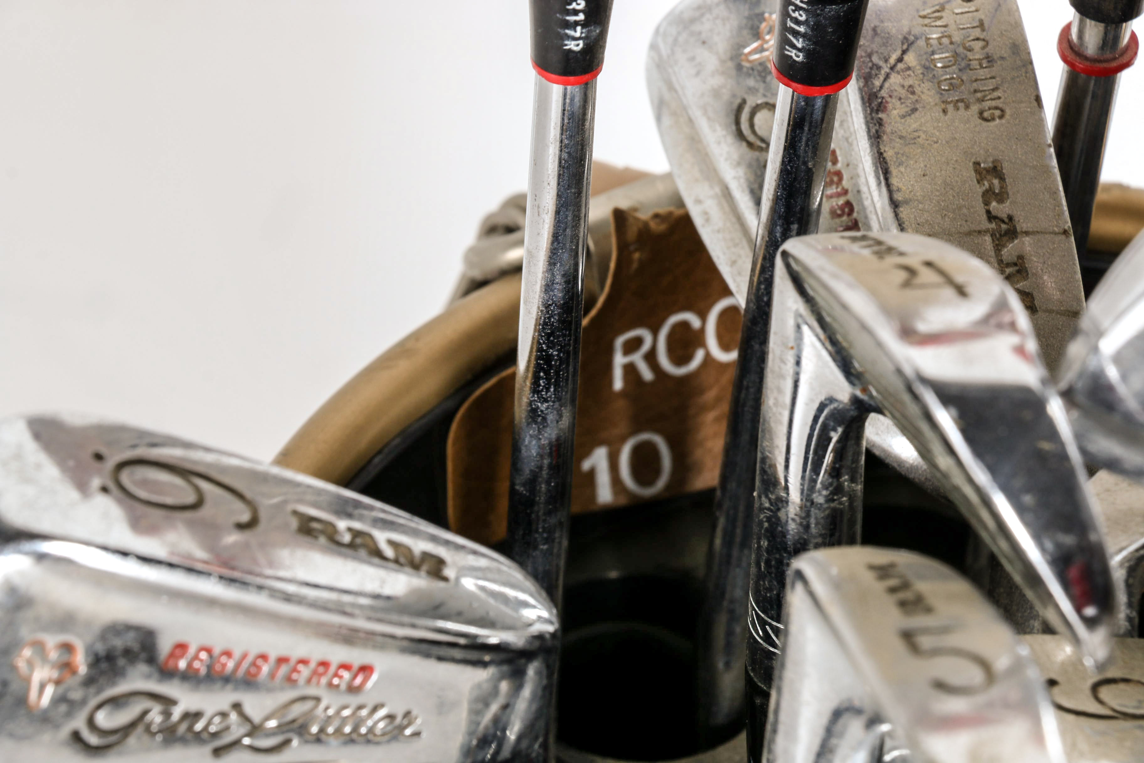 Vintage Brown Vinyl MacGregor Golf Bag with Fourteen Assorted Golf Clubs