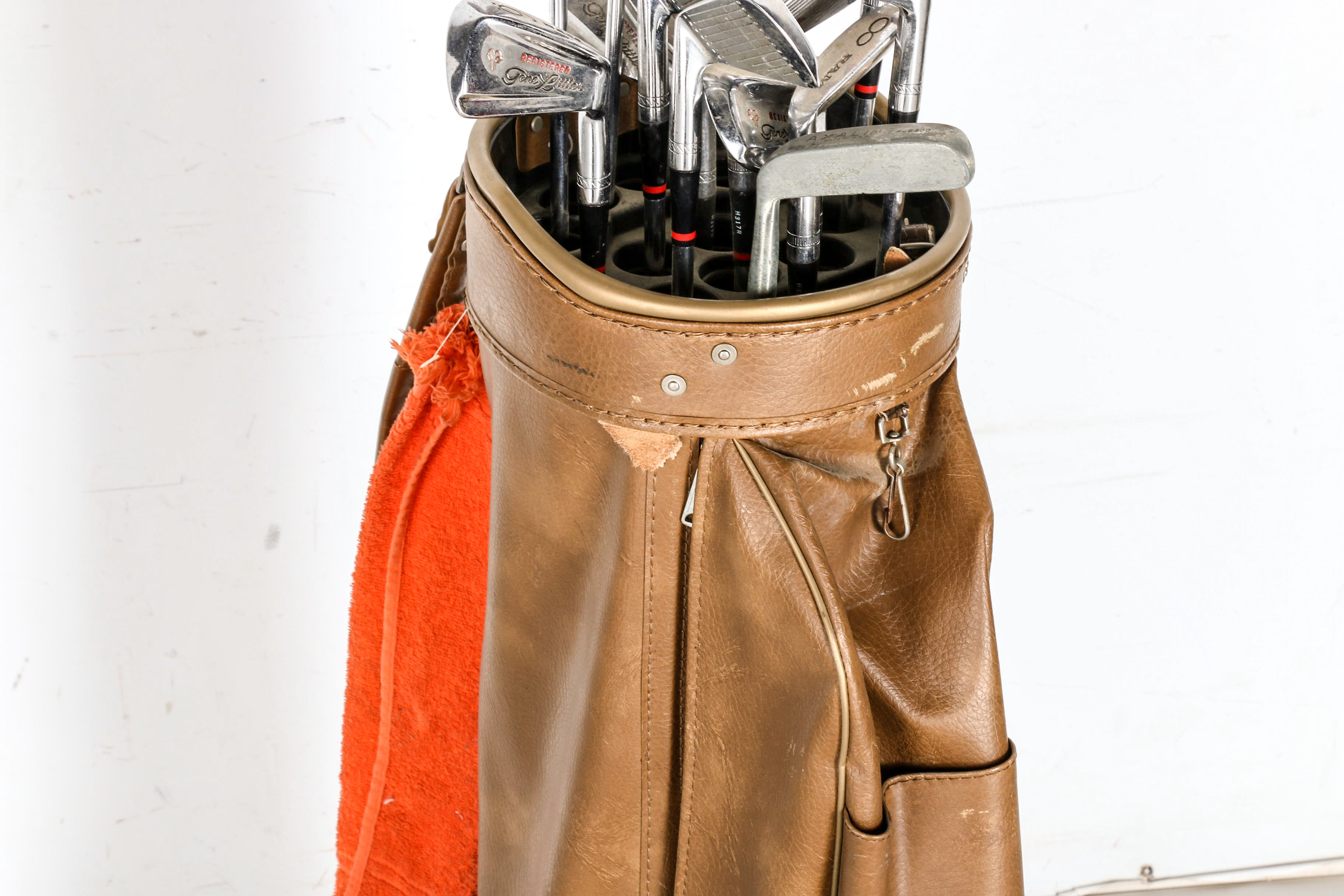Vintage Brown Vinyl MacGregor Golf Bag with Fourteen Assorted Golf Clubs