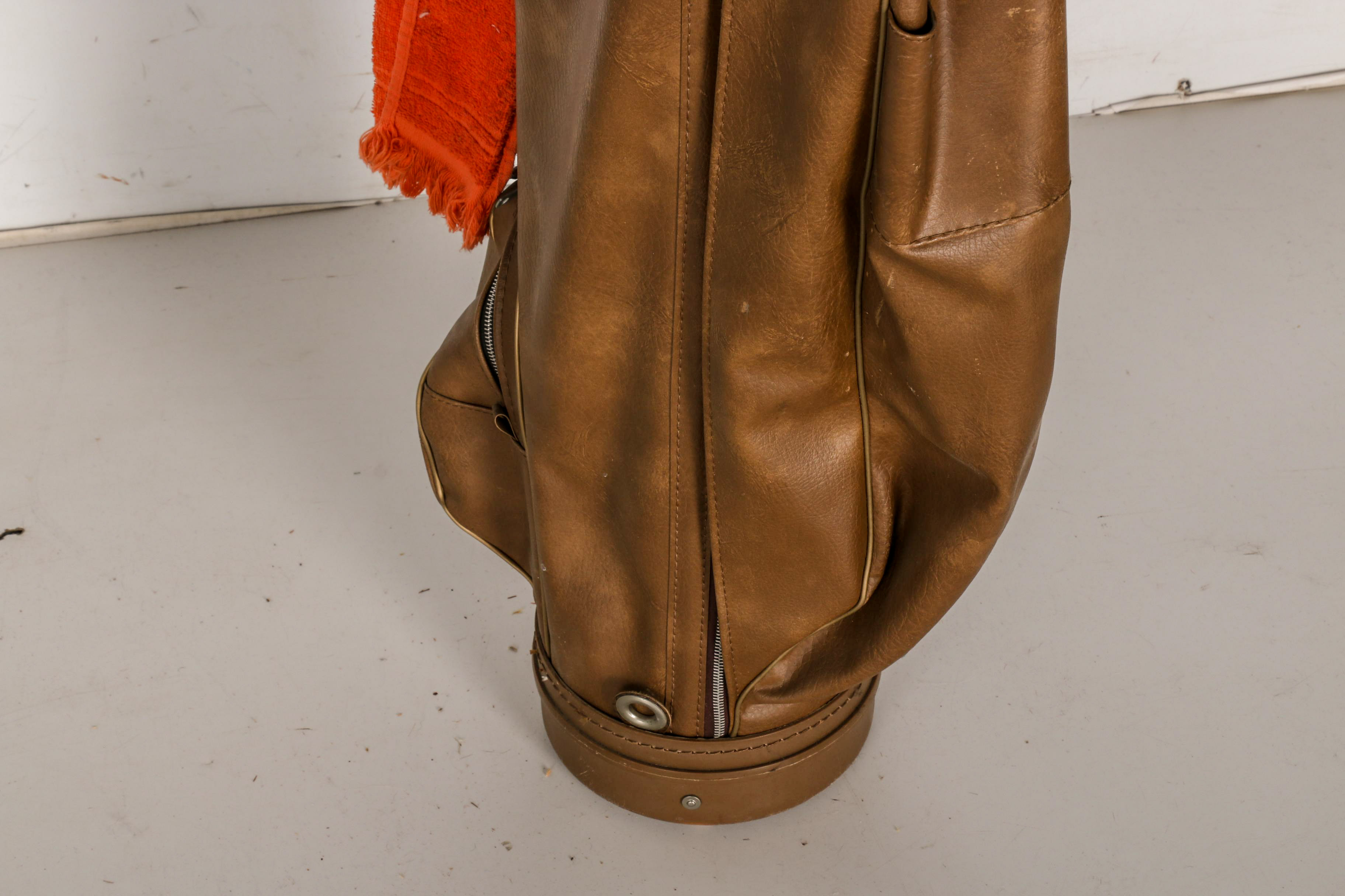 Vintage Brown Vinyl MacGregor Golf Bag with Fourteen Assorted Golf Clubs