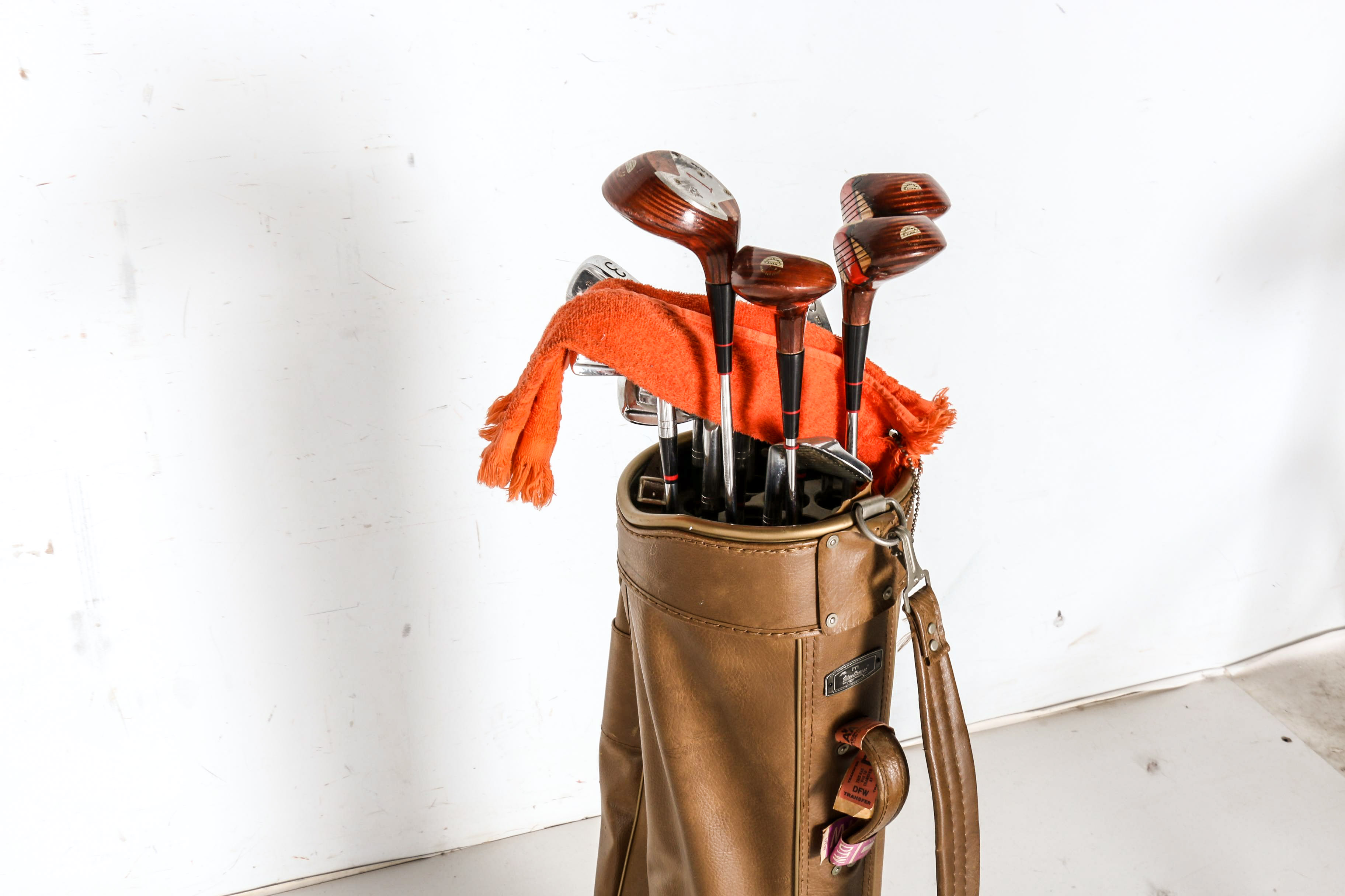 Vintage Brown Vinyl MacGregor Golf Bag with Fourteen Assorted Golf Clubs