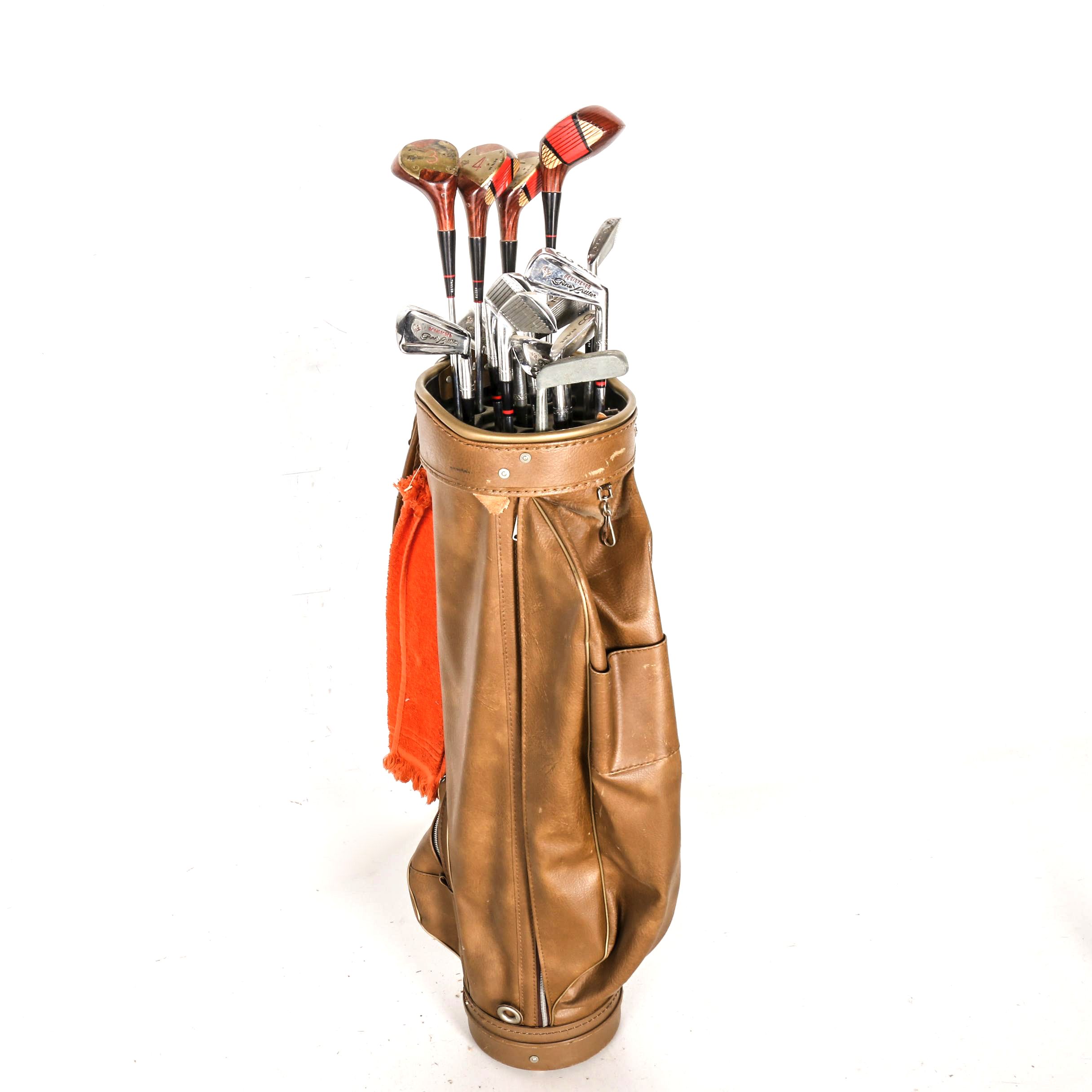 Vintage Brown Vinyl MacGregor Golf Bag with Fourteen Assorted Golf Clubs