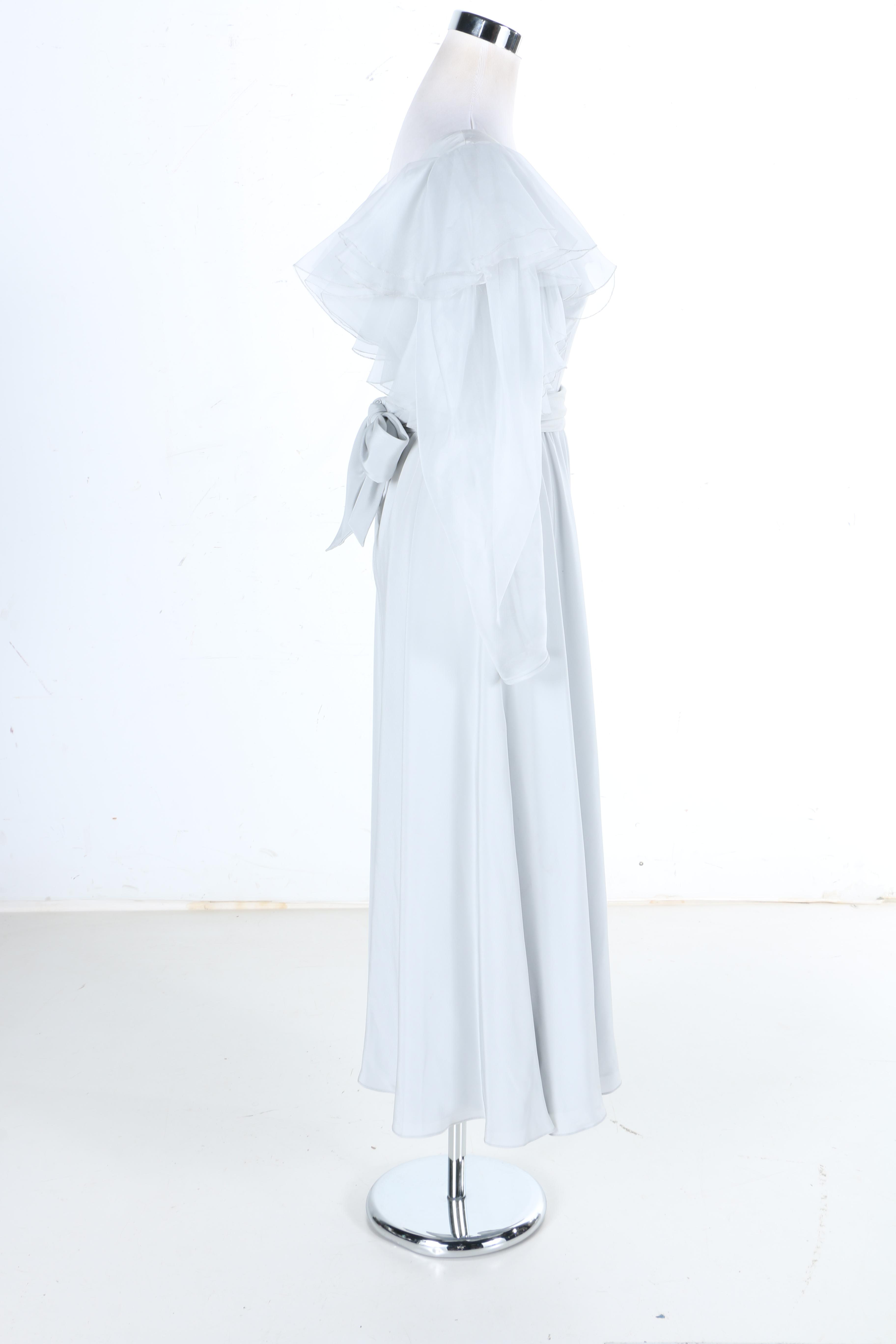 Light Grey Silk Dress With Sash and Sheer Sleeves