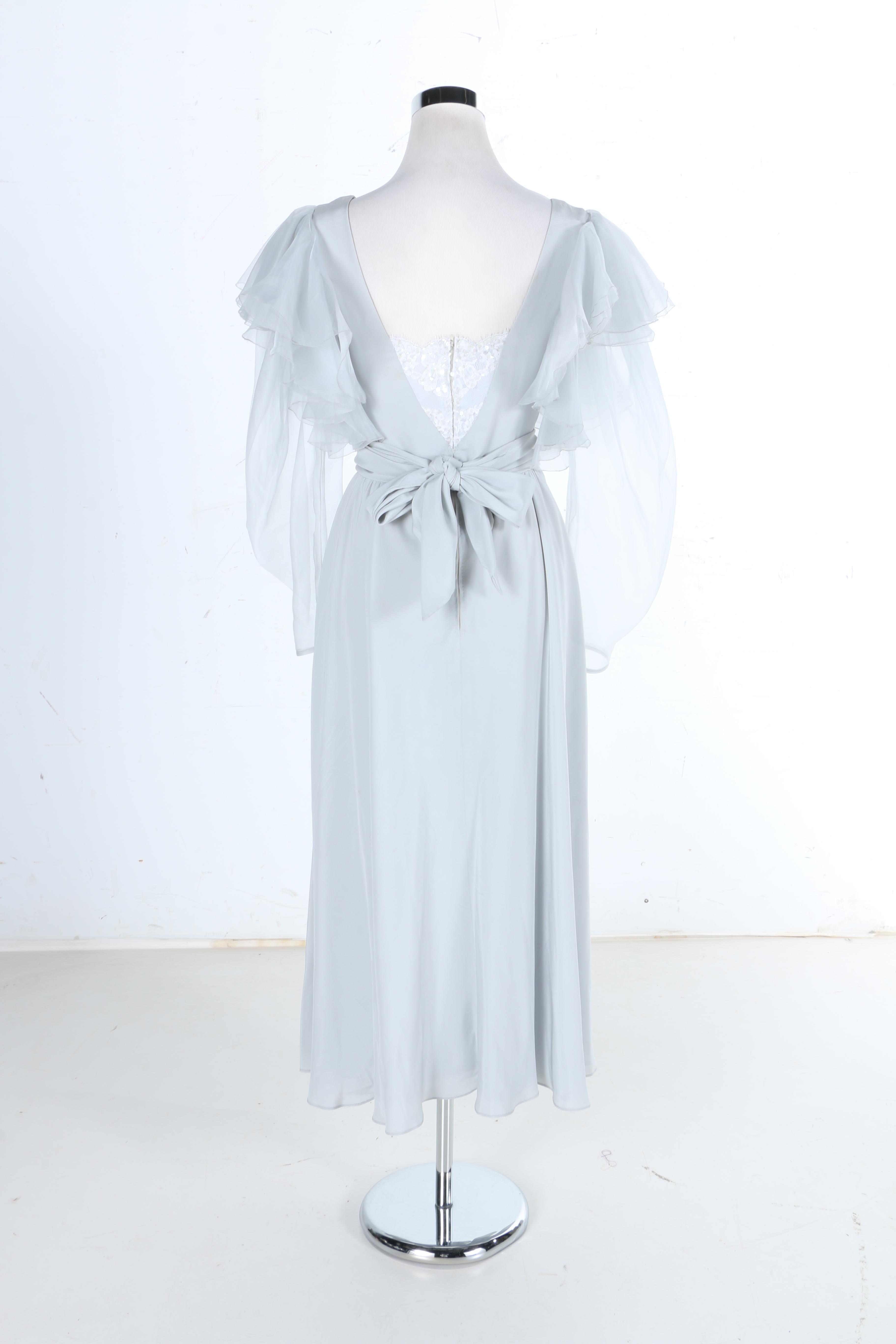 Light Grey Silk Dress With Sash and Sheer Sleeves
