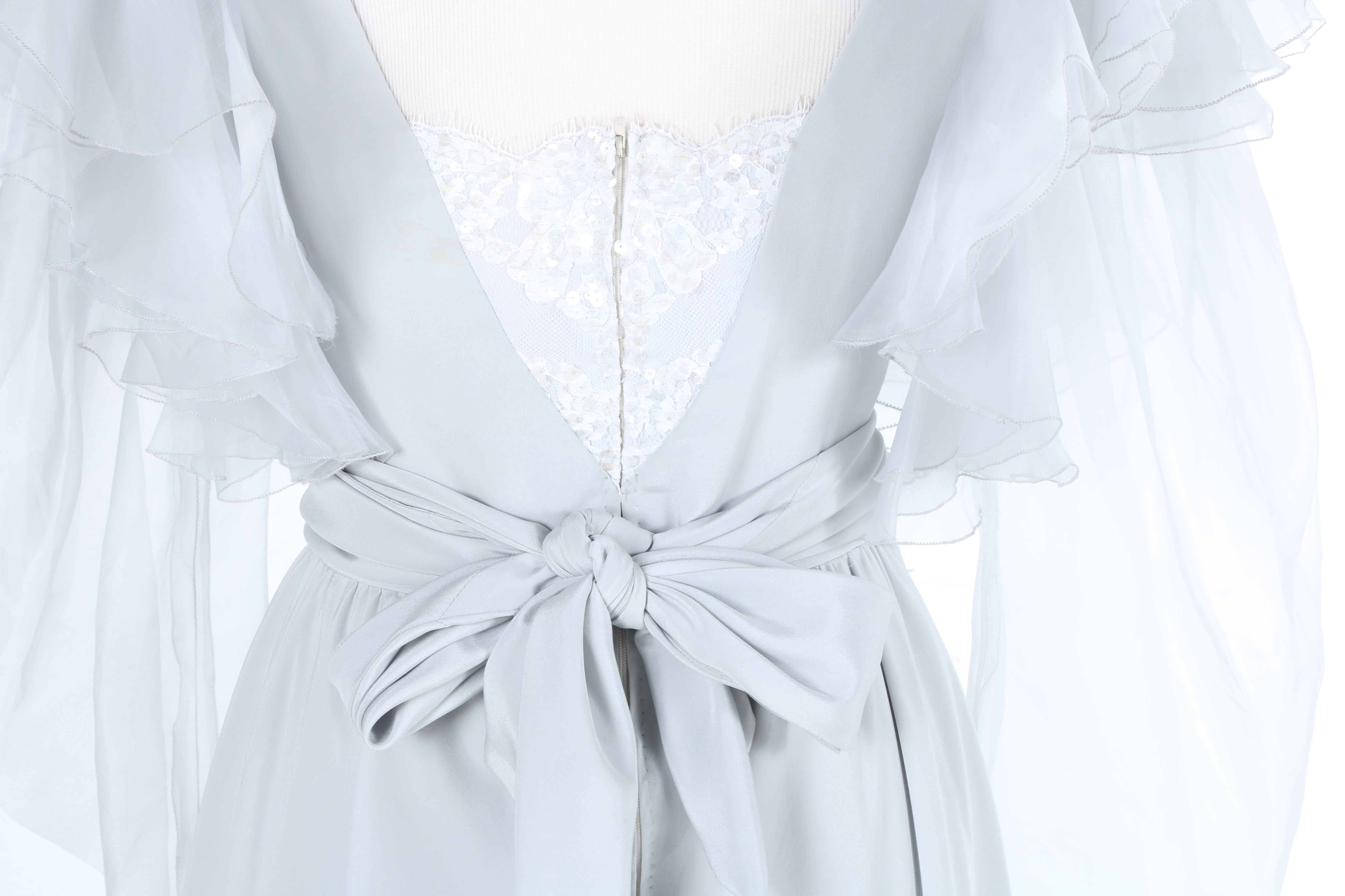 Light Grey Silk Dress With Sash and Sheer Sleeves