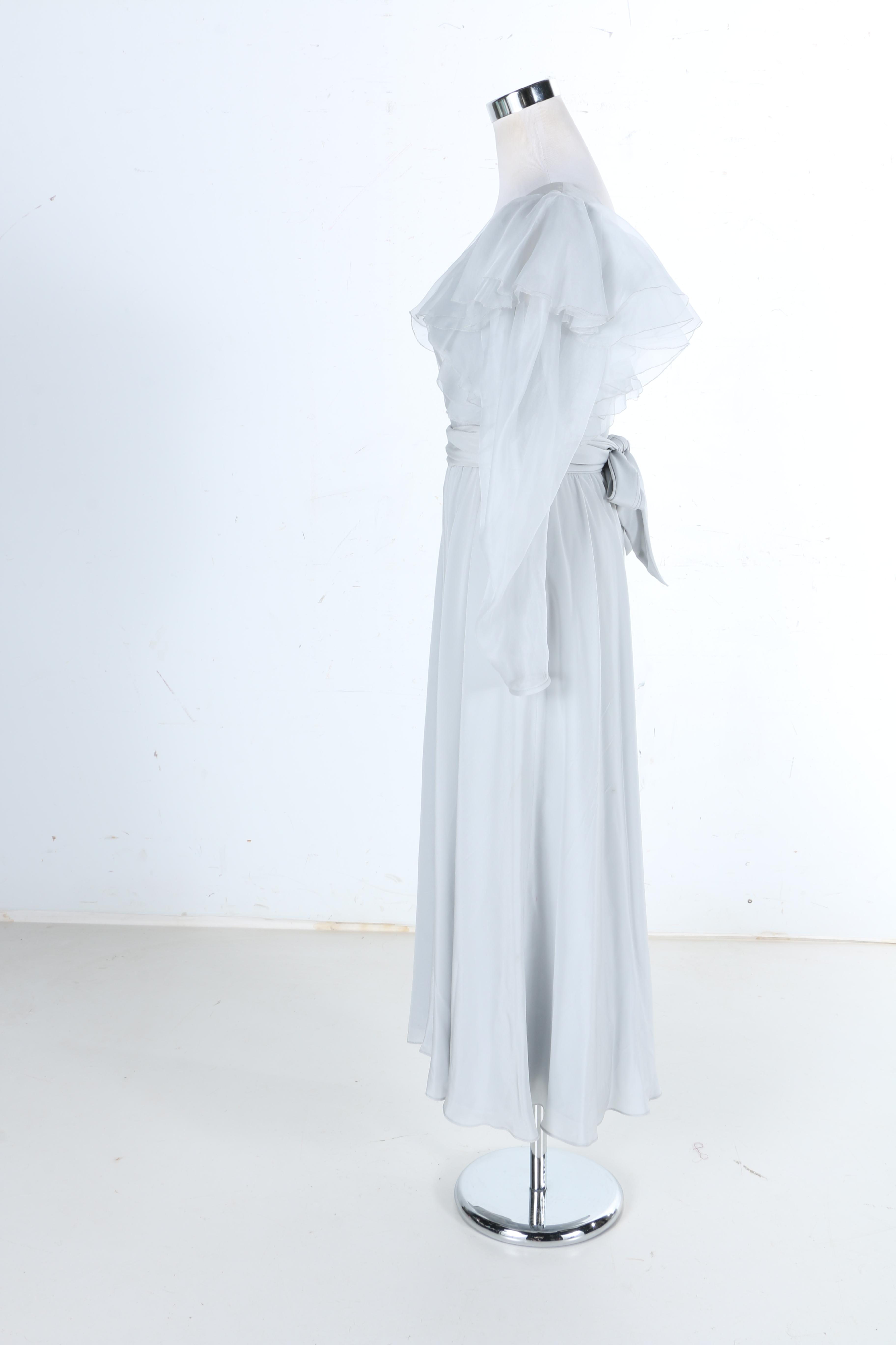 Light Grey Silk Dress With Sash and Sheer Sleeves
