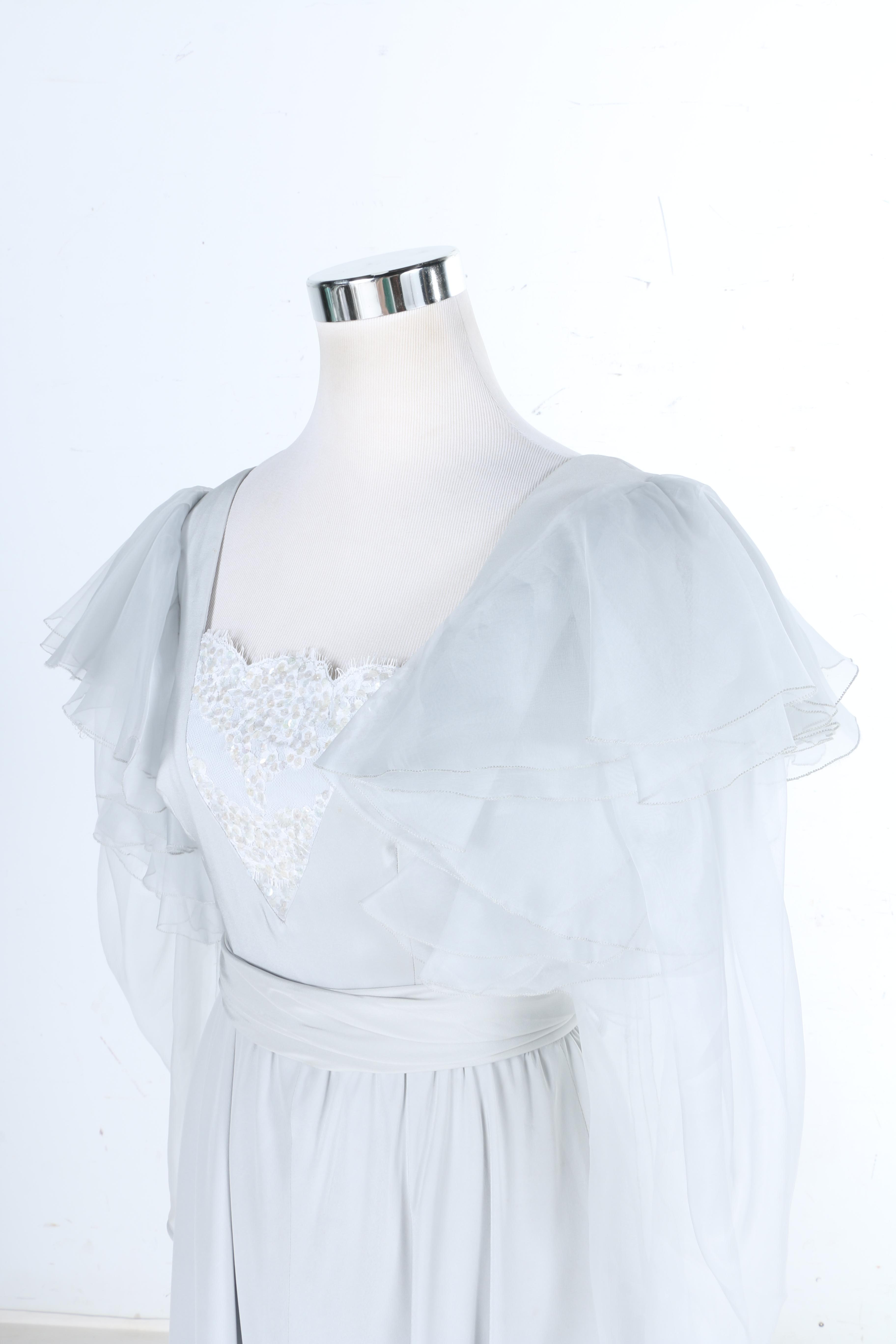 Light Grey Silk Dress With Sash and Sheer Sleeves