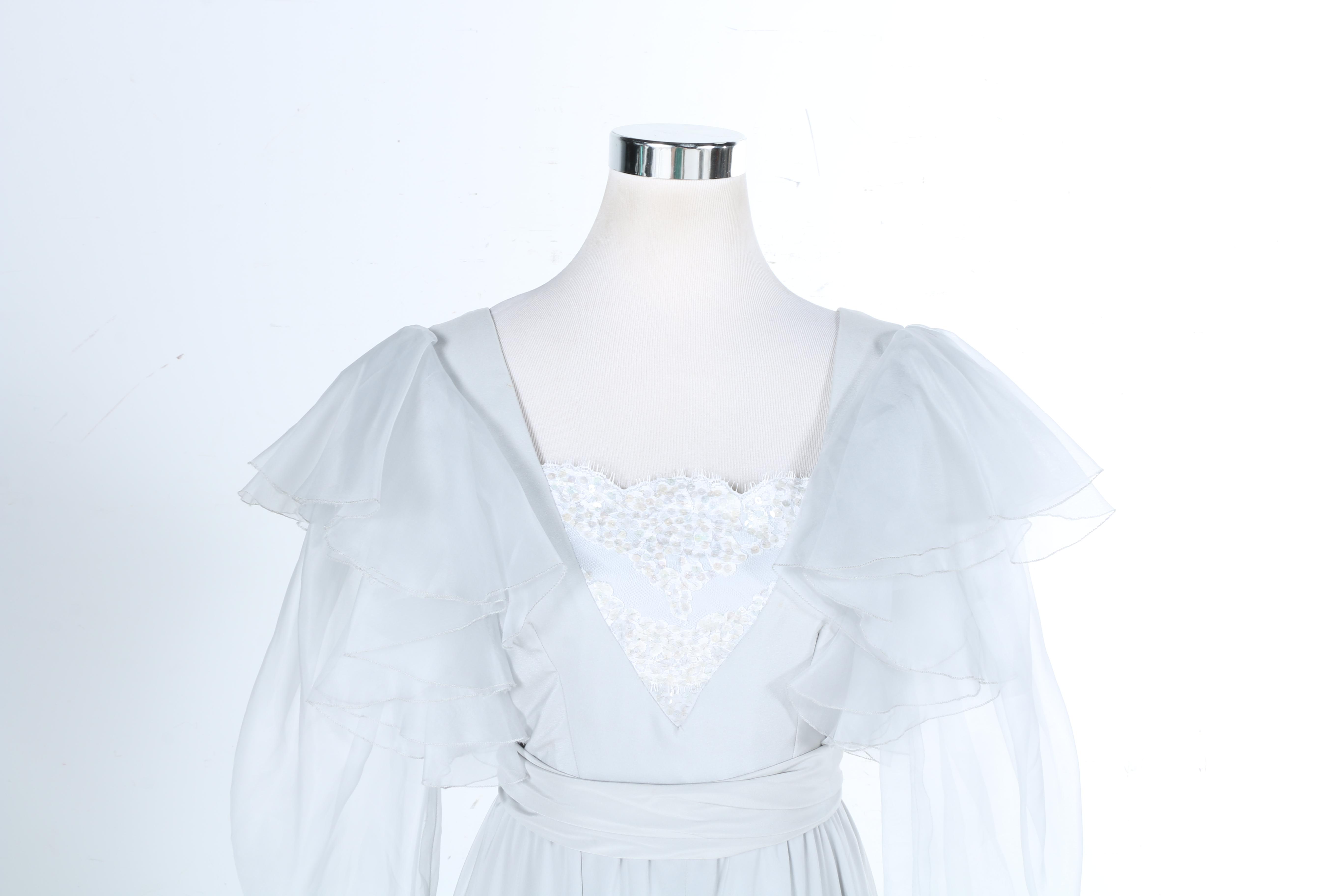 Light Grey Silk Dress With Sash and Sheer Sleeves