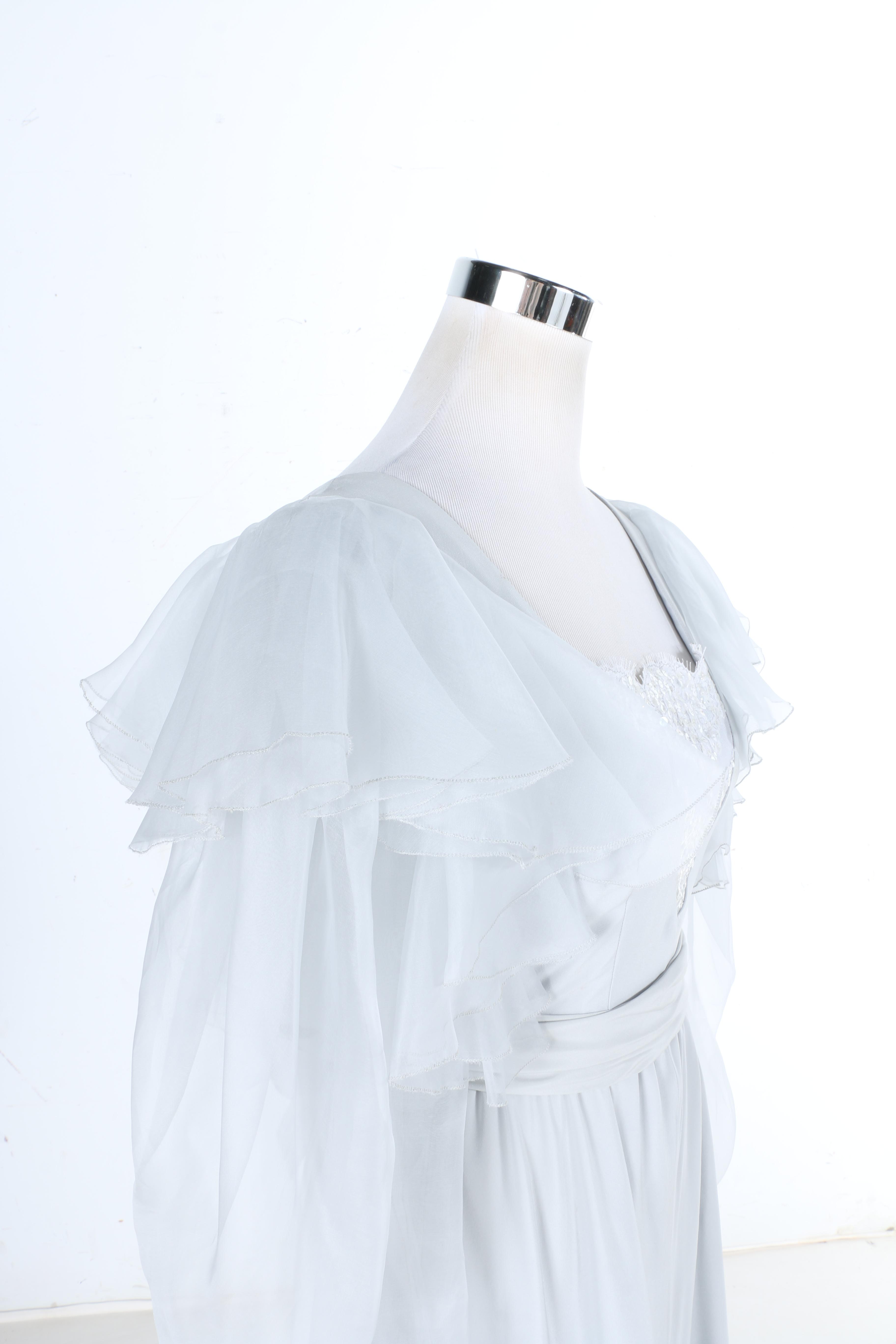 Light Grey Silk Dress With Sash and Sheer Sleeves