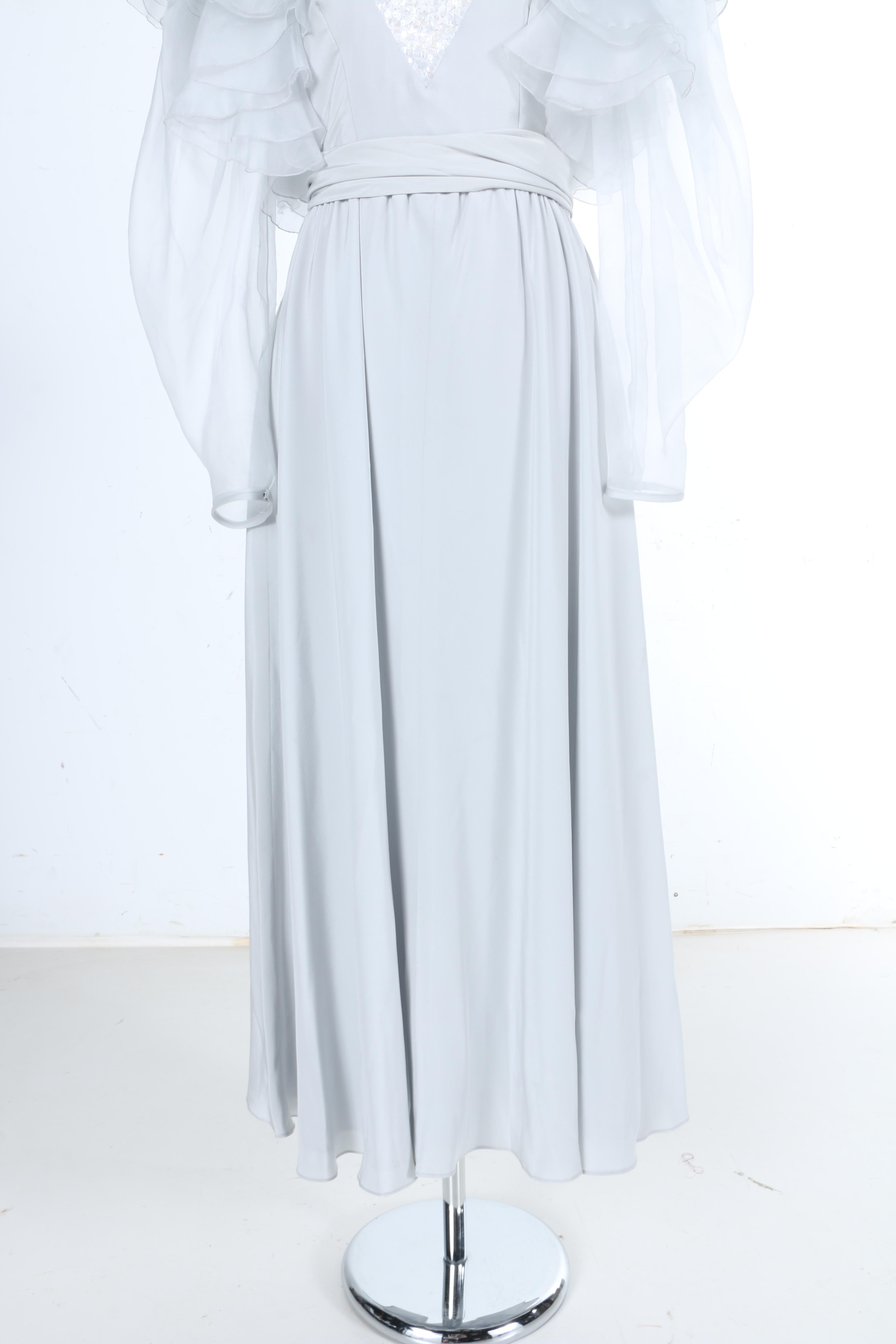 Light Grey Silk Dress With Sash and Sheer Sleeves