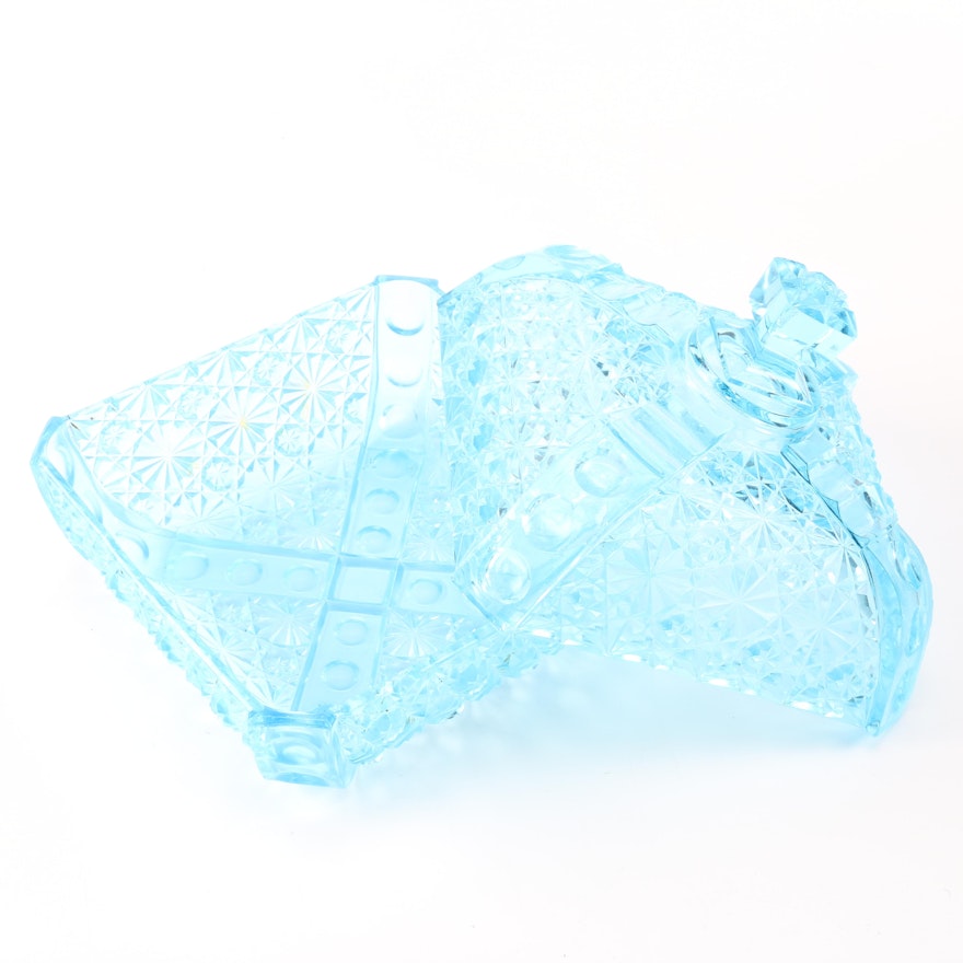 Blue Daisy and Button Pressed Glass Candy Dish with Lid