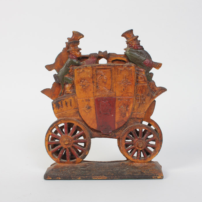 Pair of Cast Iron Book Ends in the Shape of Worchester, London Mail Coaches