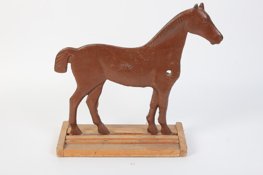 Painted Cast Iron Horse on Wooden Base