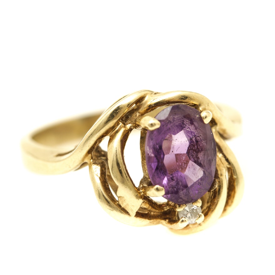 14K Yellow Gold Amethyst and Diamond Ring