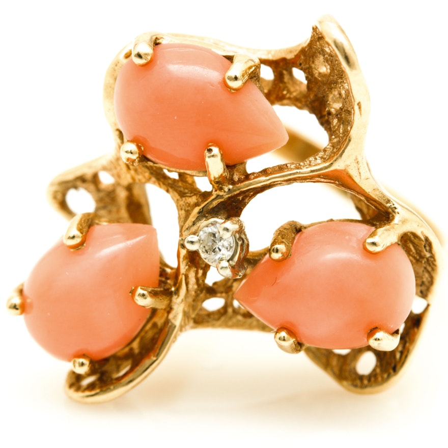 14K Yellow Gold Coral and Diamond Cluster Cocktail Ring