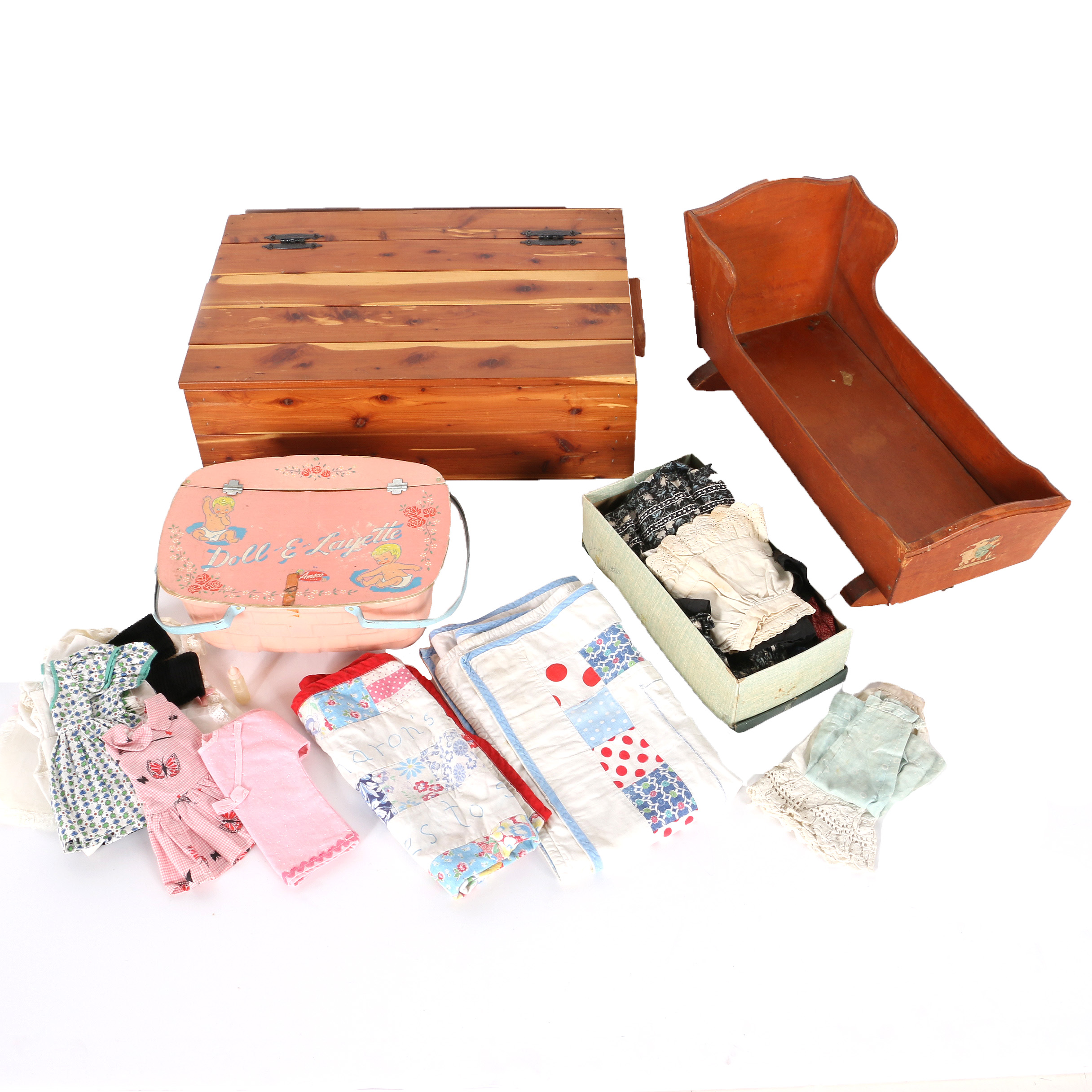 Vintage Wooden Doll Cradle and Doll Clothes