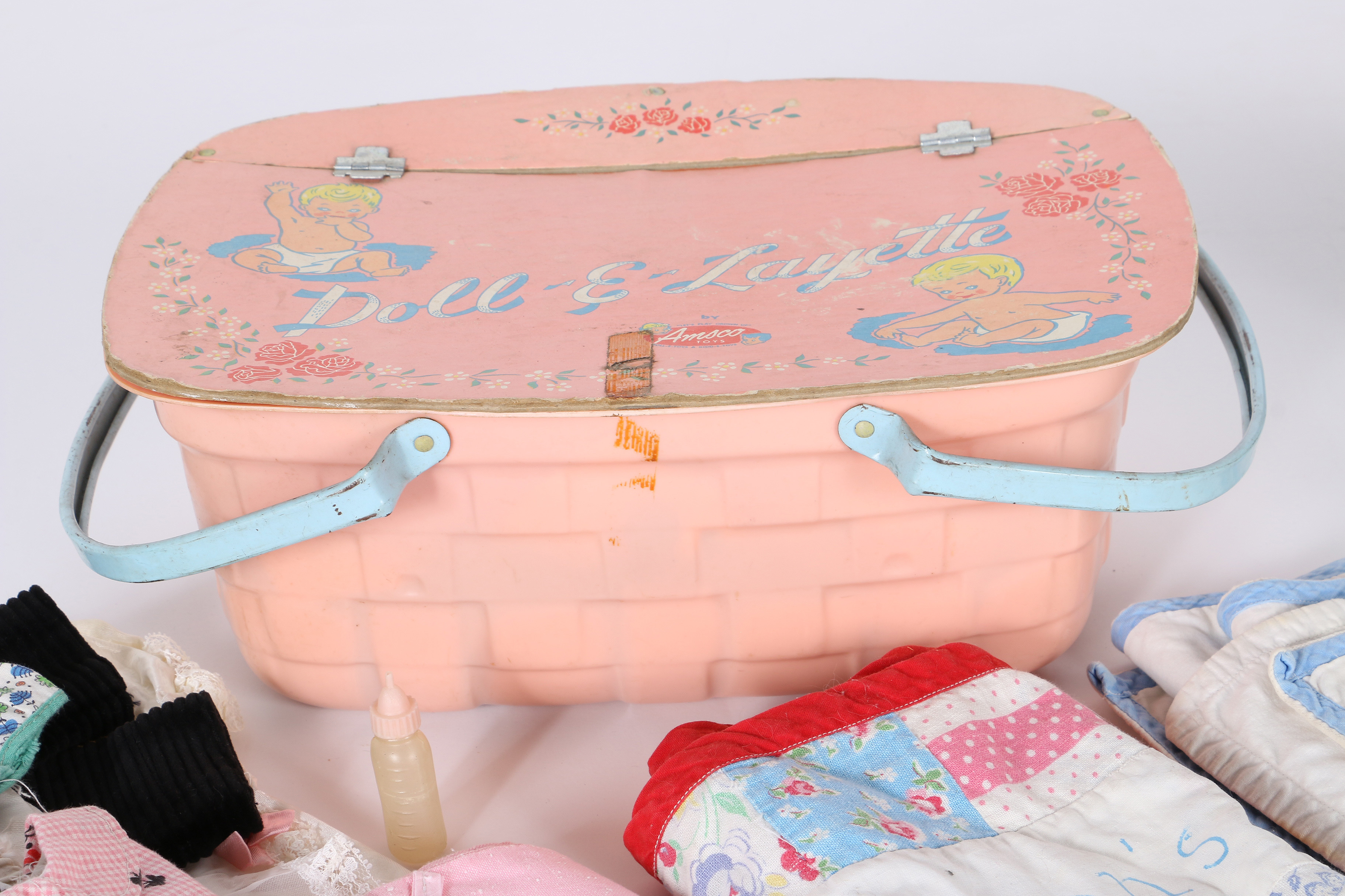 Vintage Wooden Doll Cradle and Doll Clothes