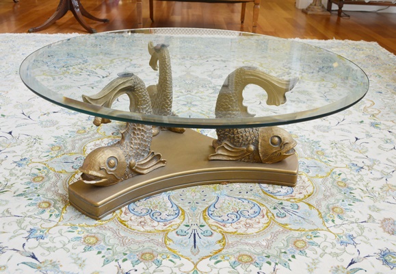 Glass and Brass Koi Fish Base Coffee Table by Hamilton Collection