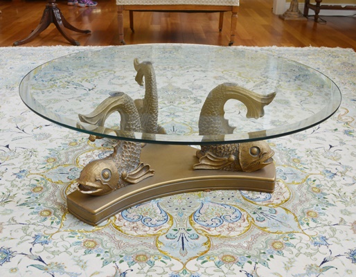 Glass and Brass Koi Fish Base Coffee Table by Hamilton Collection