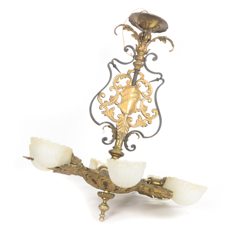 Gold Tone Chandelier with Milk Glass Globes