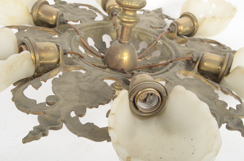 Gold Tone Chandelier with Milk Glass Globes