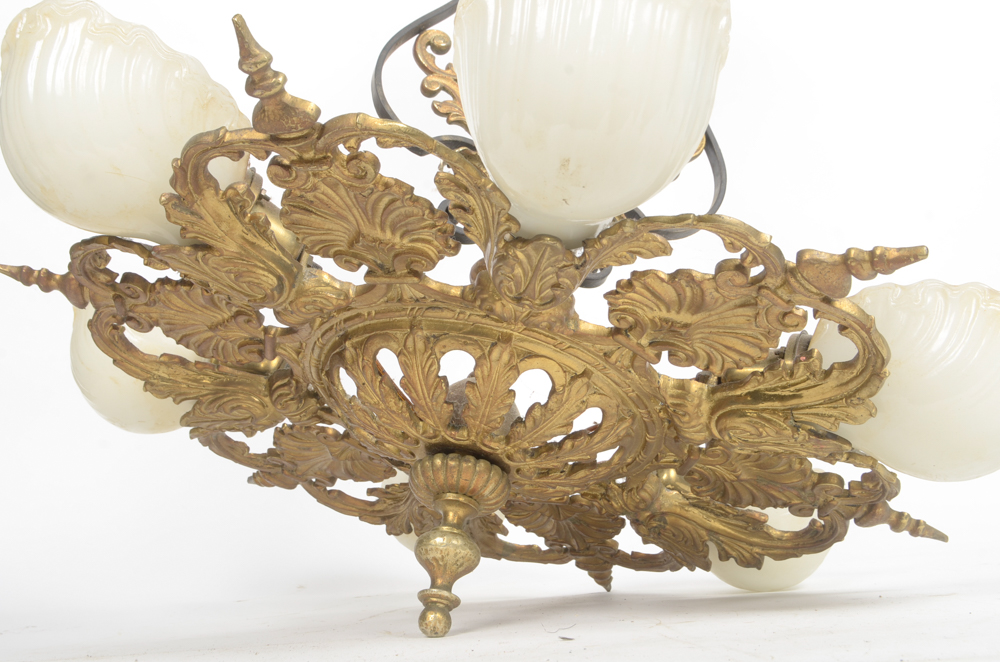 Gold Tone Chandelier with Milk Glass Globes