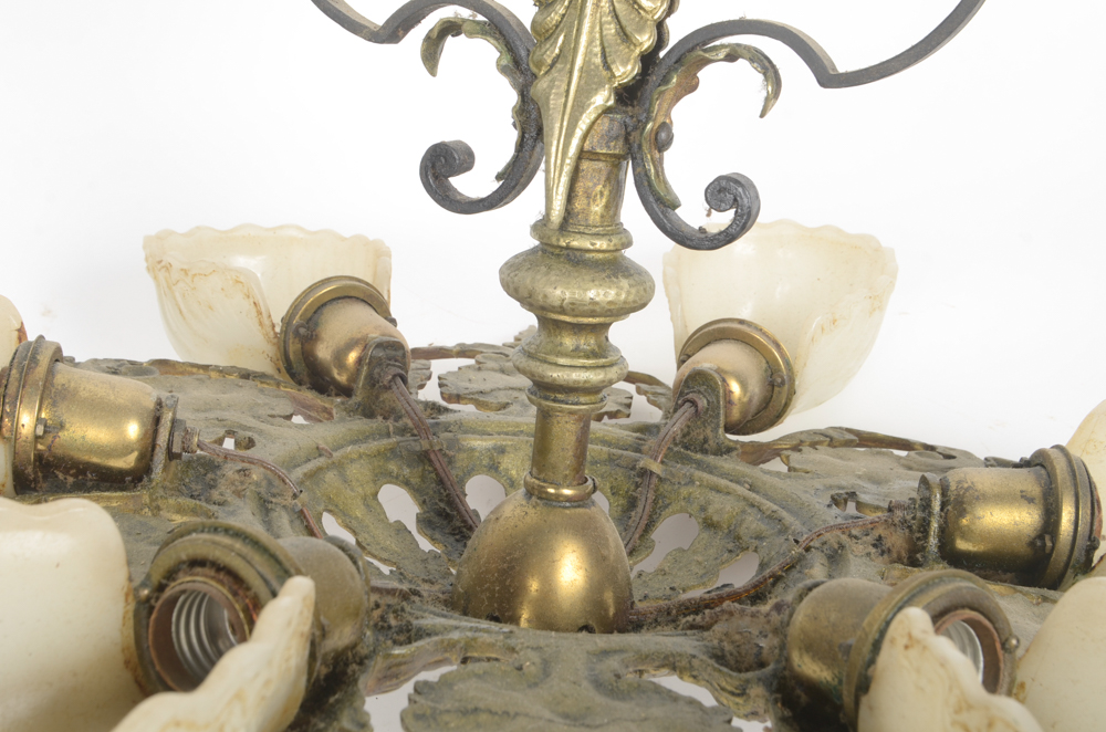Gold Tone Chandelier with Milk Glass Shell Shaped Globes