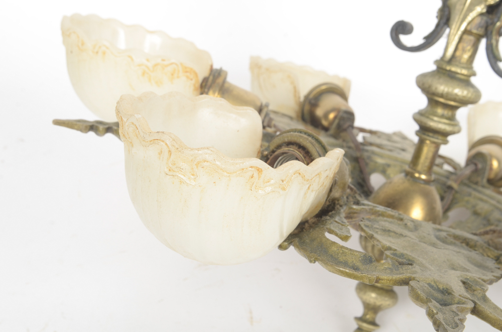 Gold Tone Chandelier with Milk Glass Shell Shaped Globes