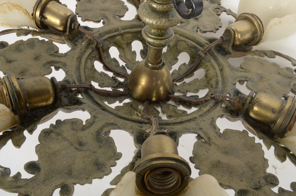 Gold Tone Chandelier with Milk Glass Shell Shaped Globes