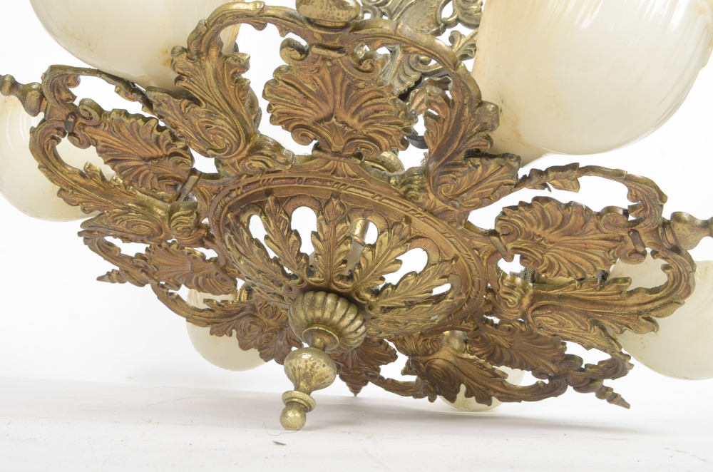 Gold Tone Chandelier with Milk Glass Shell Shaped Globes