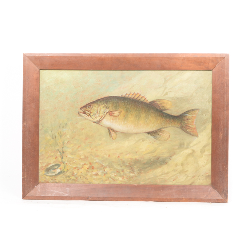 Howard T. Hopes Oil Painting on Board "Bronze Back Small Mouth Black Bass"