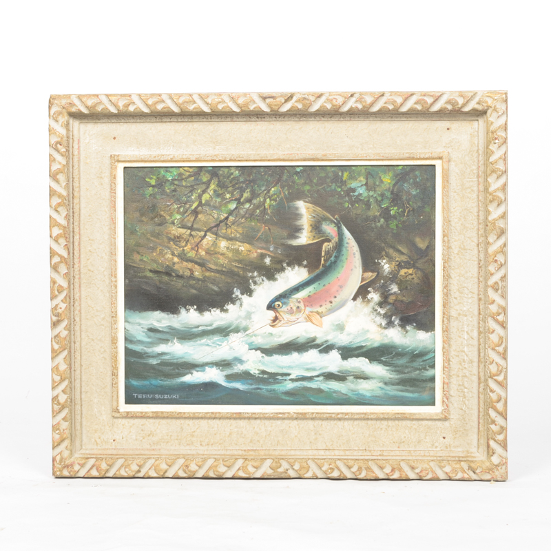 Teru Suzuki Oil Painting on Canvas of Hooked Fish