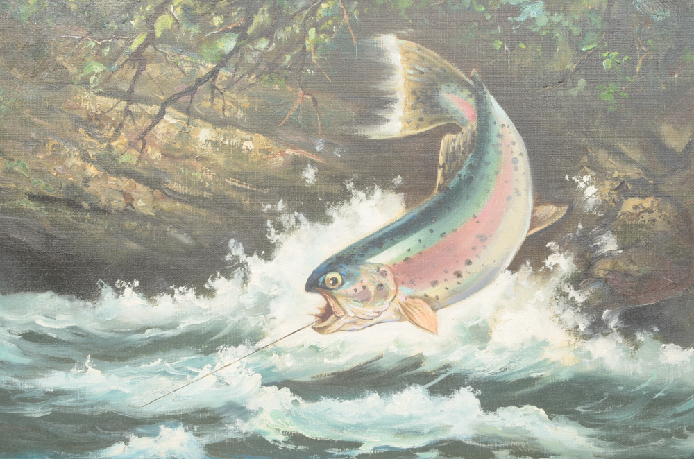 Teru Suzuki Oil Painting on Canvas of Hooked Fish