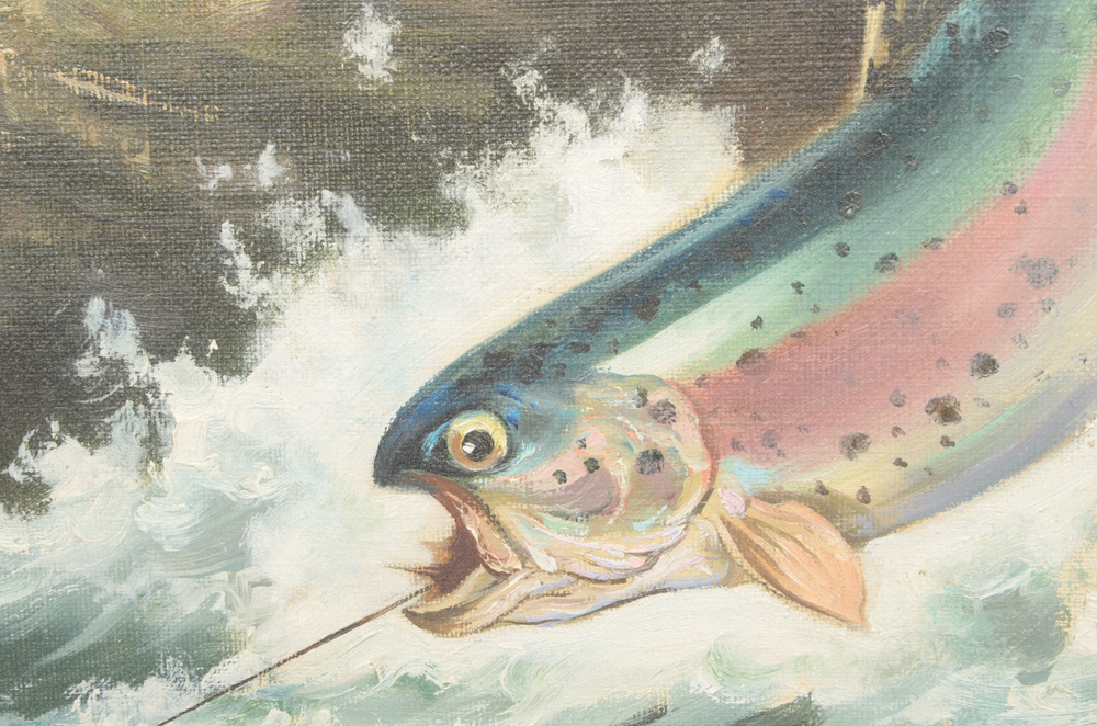 Teru Suzuki Oil Painting on Canvas of Hooked Fish