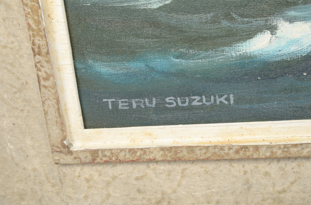 Teru Suzuki Oil Painting on Canvas of Hooked Fish