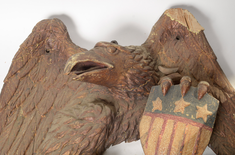 Antique Hand Carved Wooden Eagle with Shield