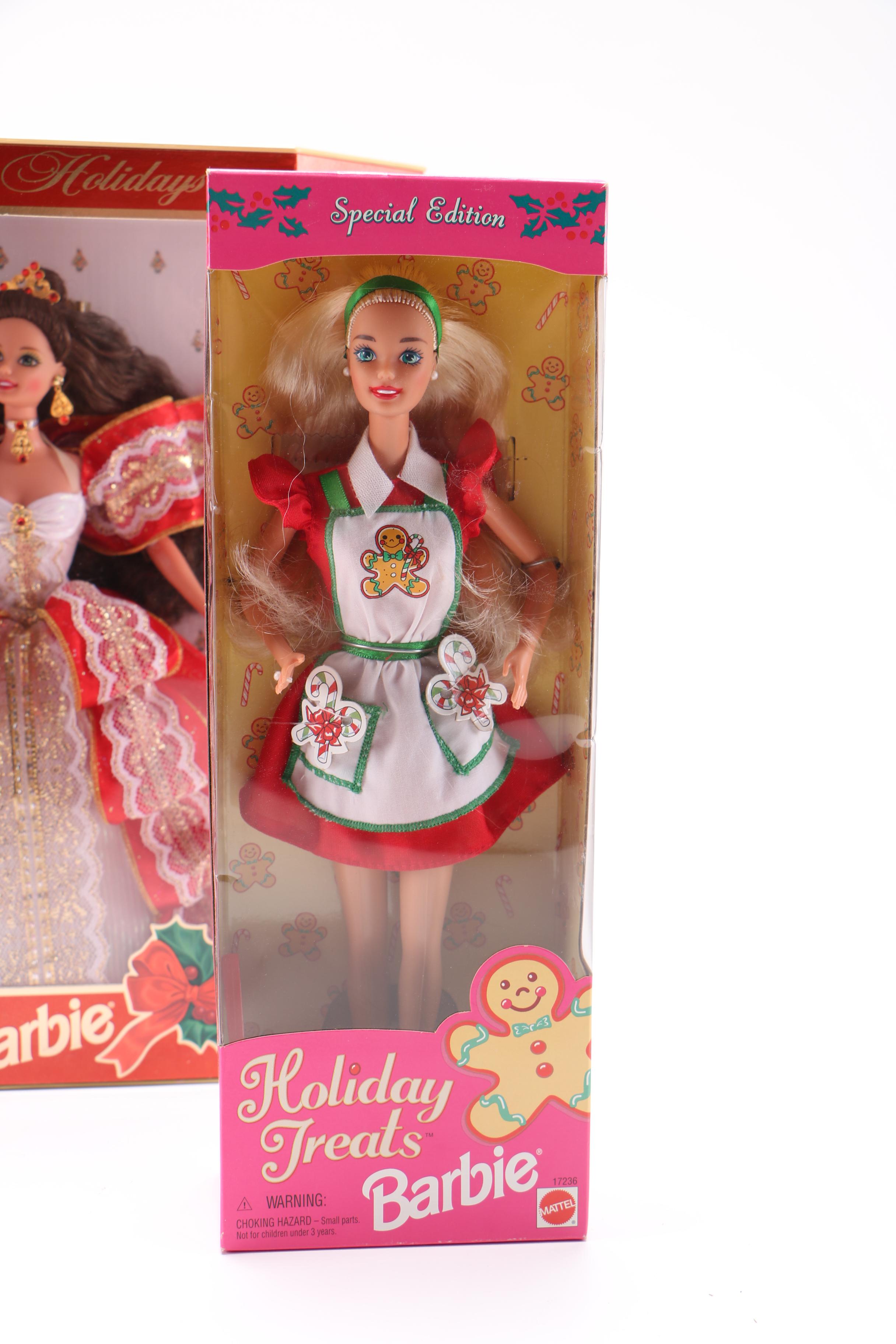Collection of Holiday Barbies Featuring 1996 Happy Holidays Special Edition Barbie