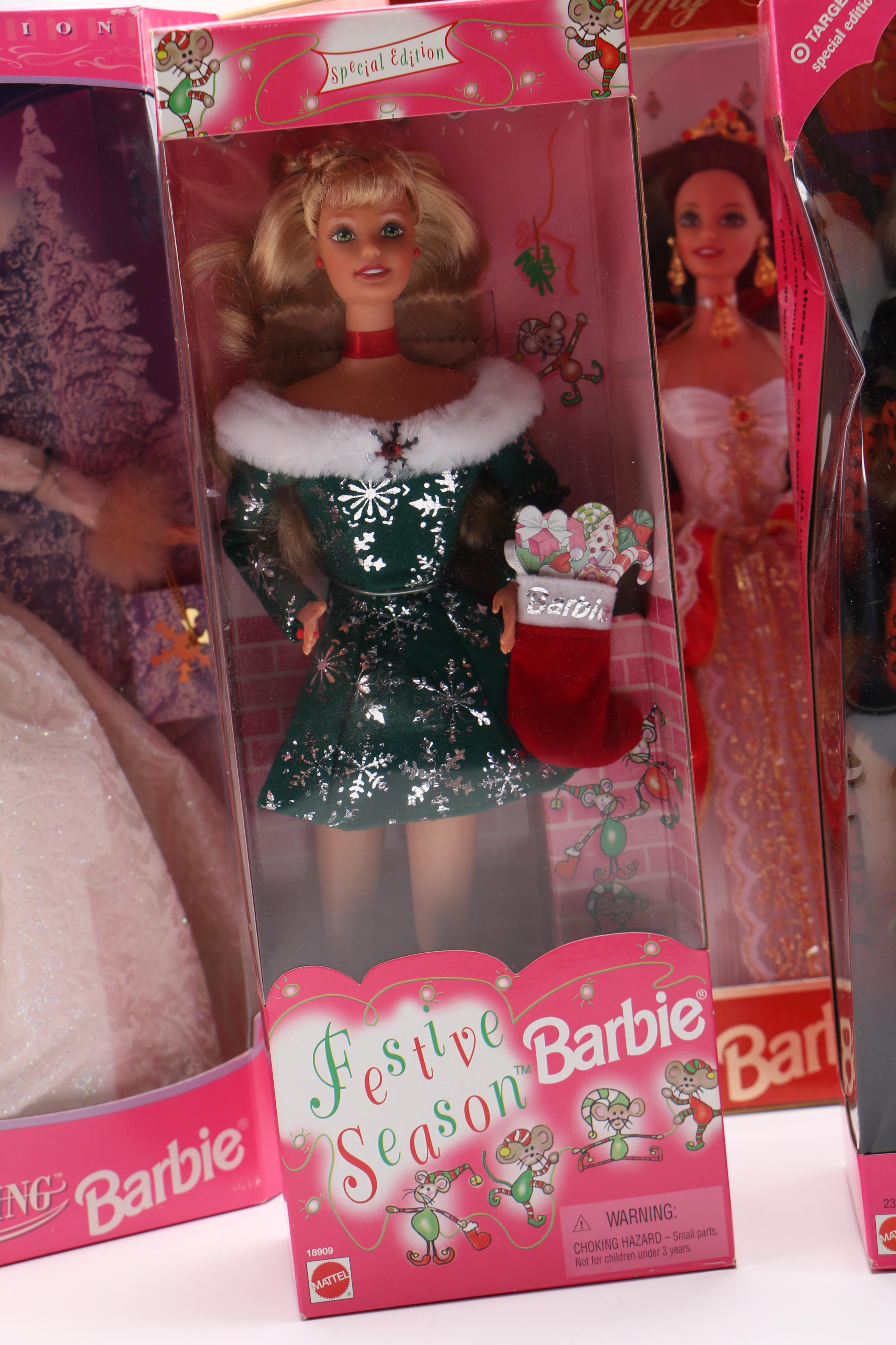 Collection of Holiday Barbies Featuring 1996 Happy Holidays Special Edition Barbie