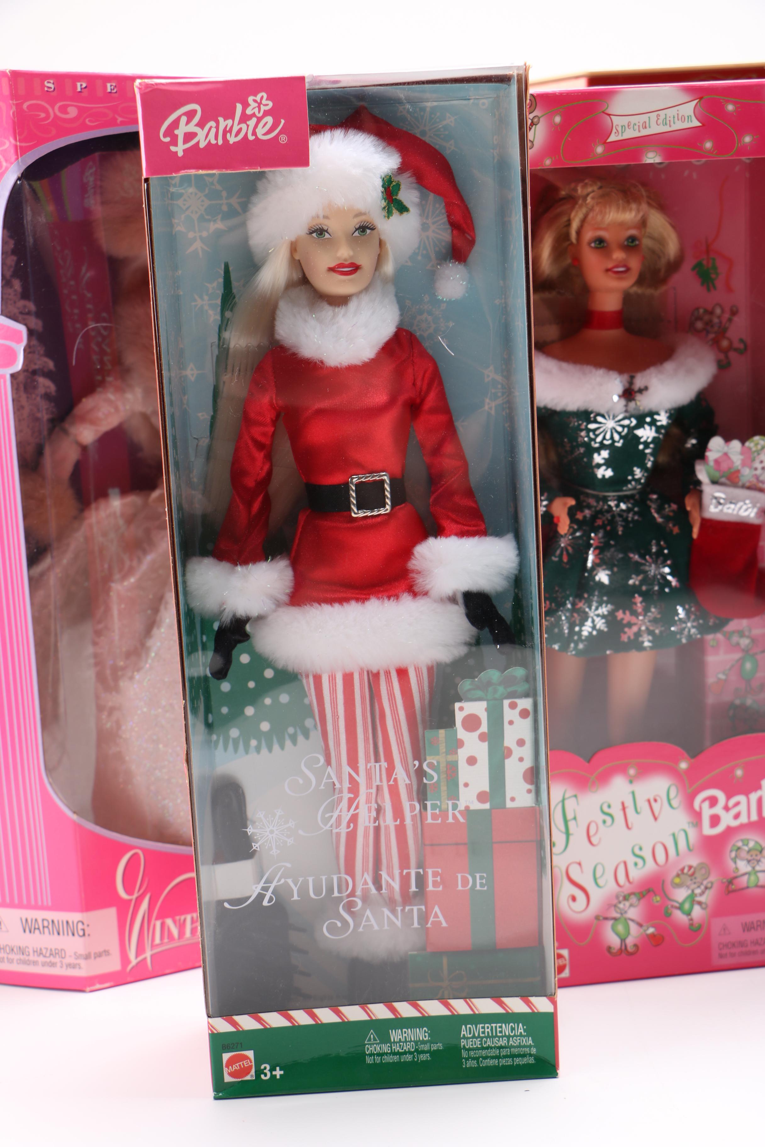 Collection of Holiday Barbies Featuring 1996 Happy Holidays Special Edition Barbie