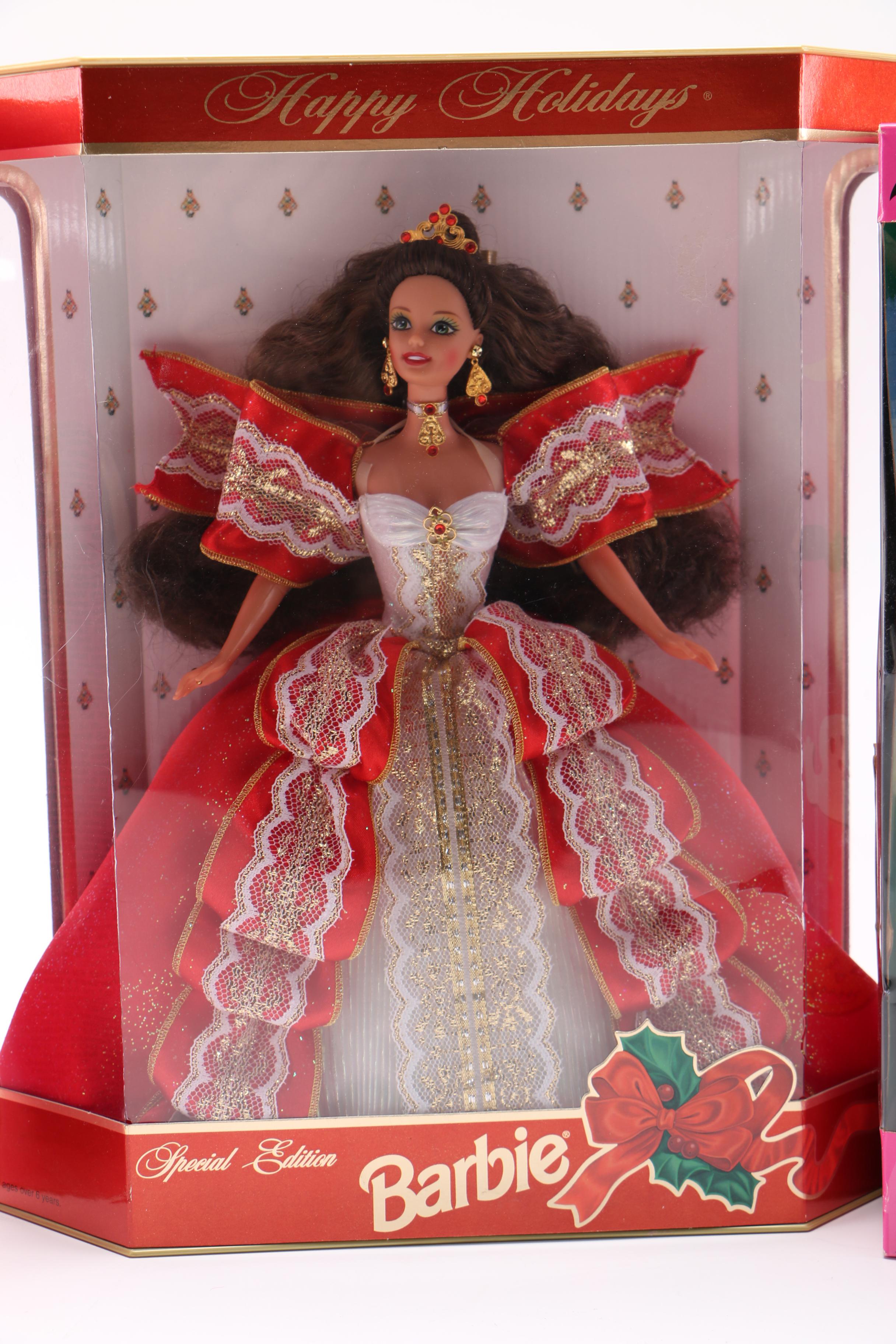 Collection of Holiday Barbies Featuring 1996 Happy Holidays Special Edition Barbie