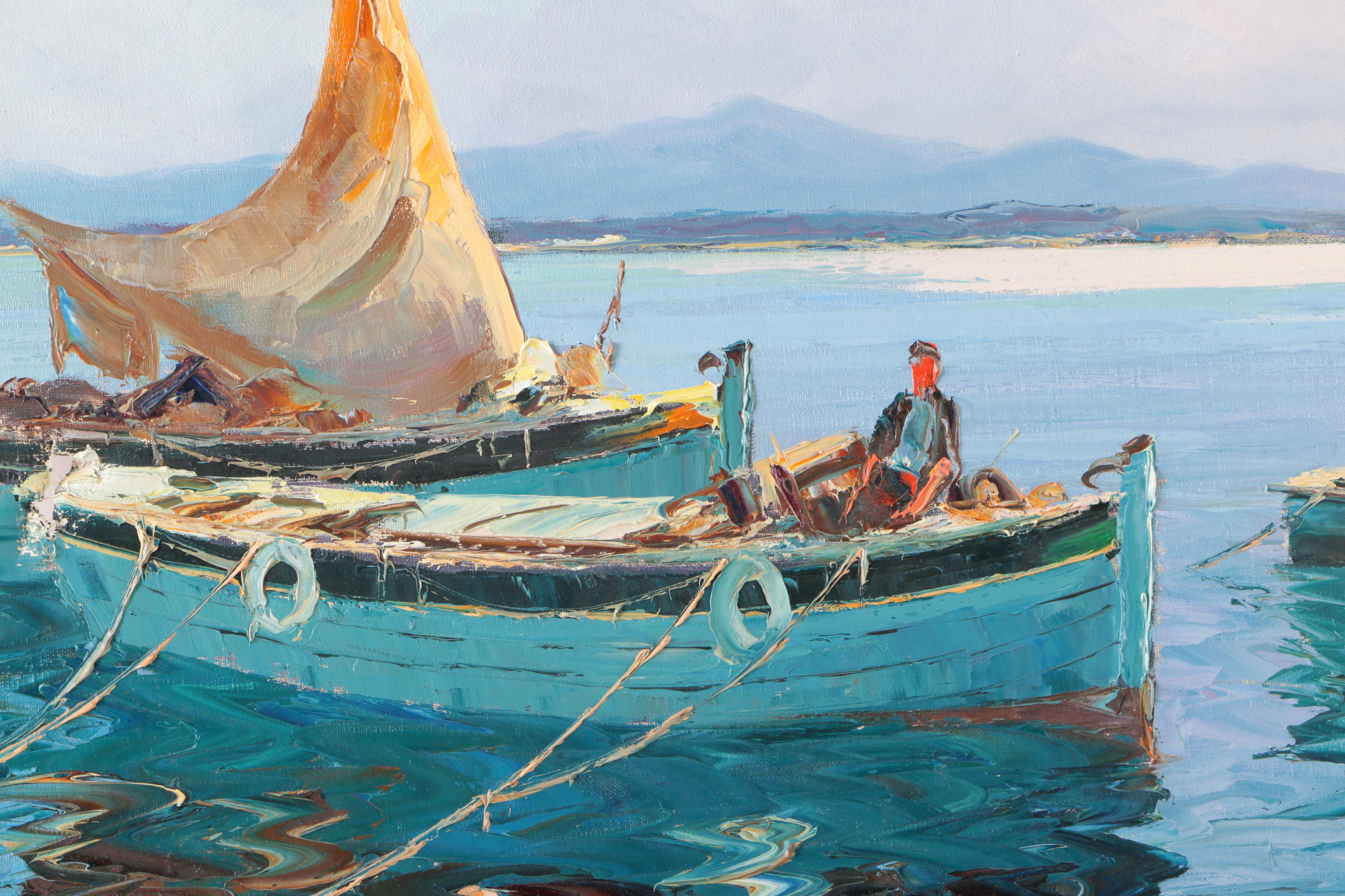 Albert Grifon Oil Painting on Canvas Impressionistic Seascape with Ships