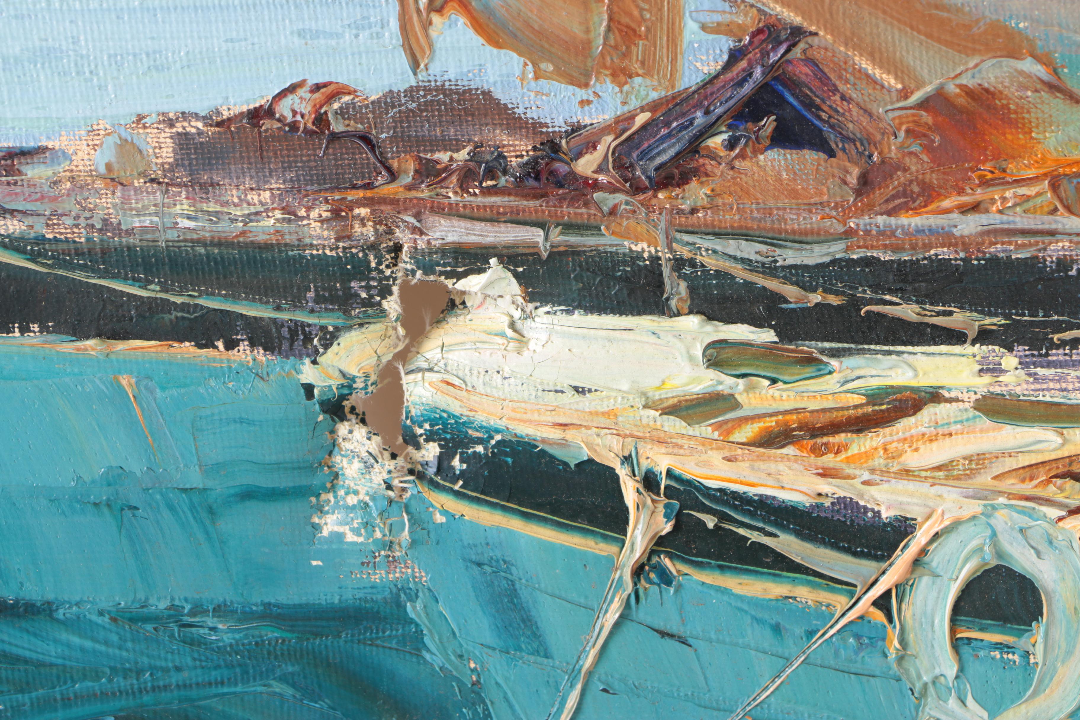 Albert Grifon Oil Painting on Canvas Impressionistic Seascape with Ships