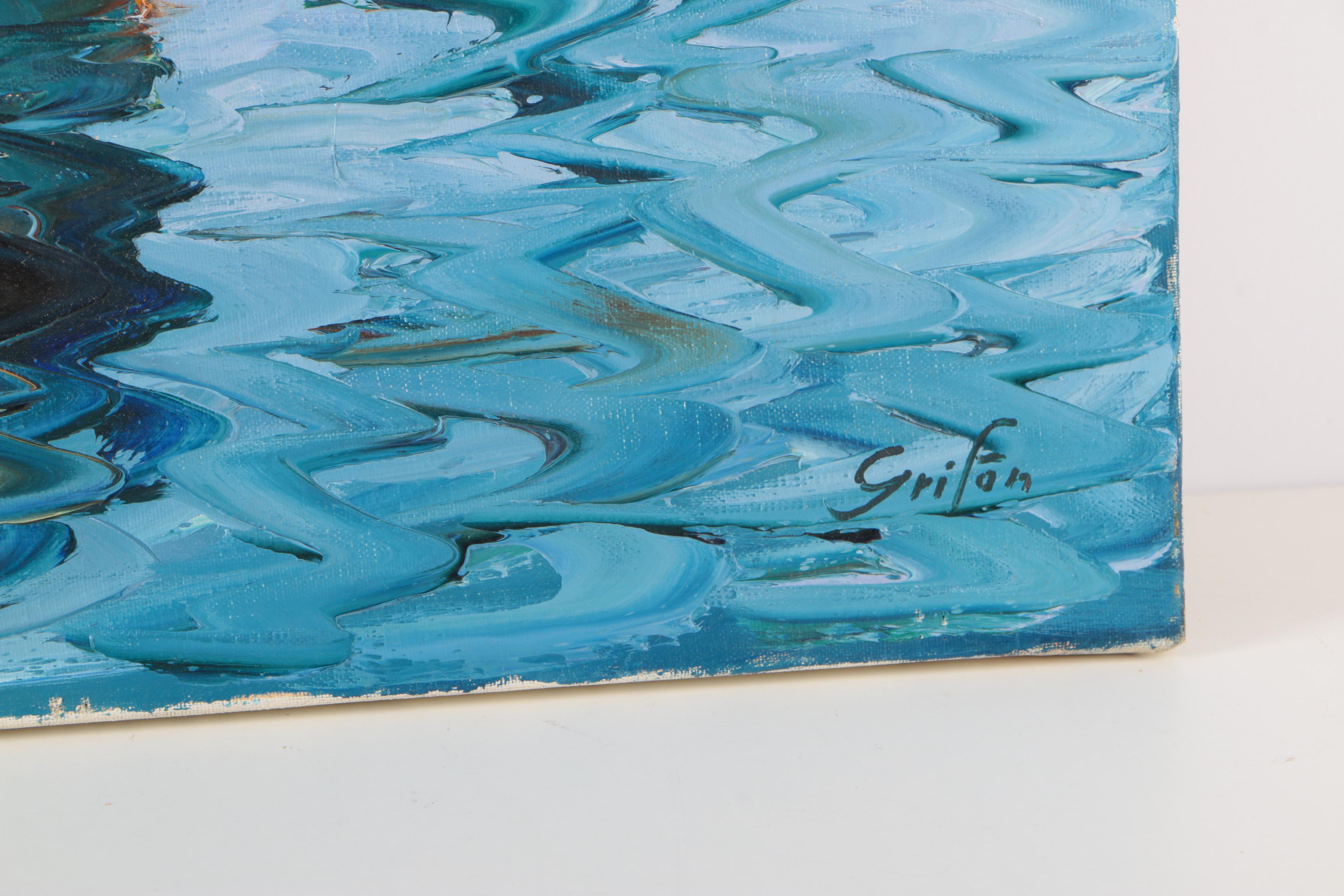 Albert Grifon Oil Painting on Canvas Impressionistic Seascape with Ships