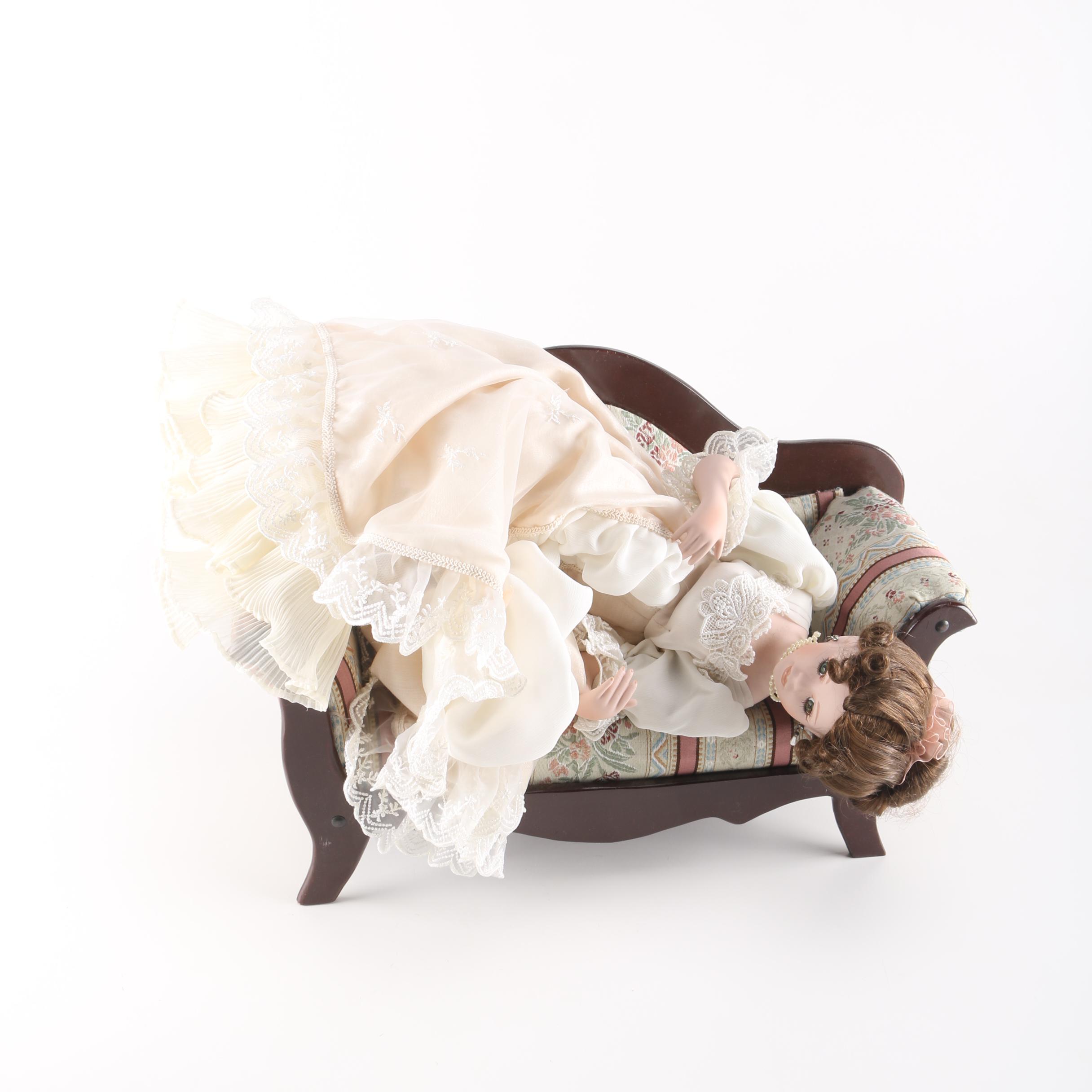 Porcelain Doll With Miniature Queen Anne Settee