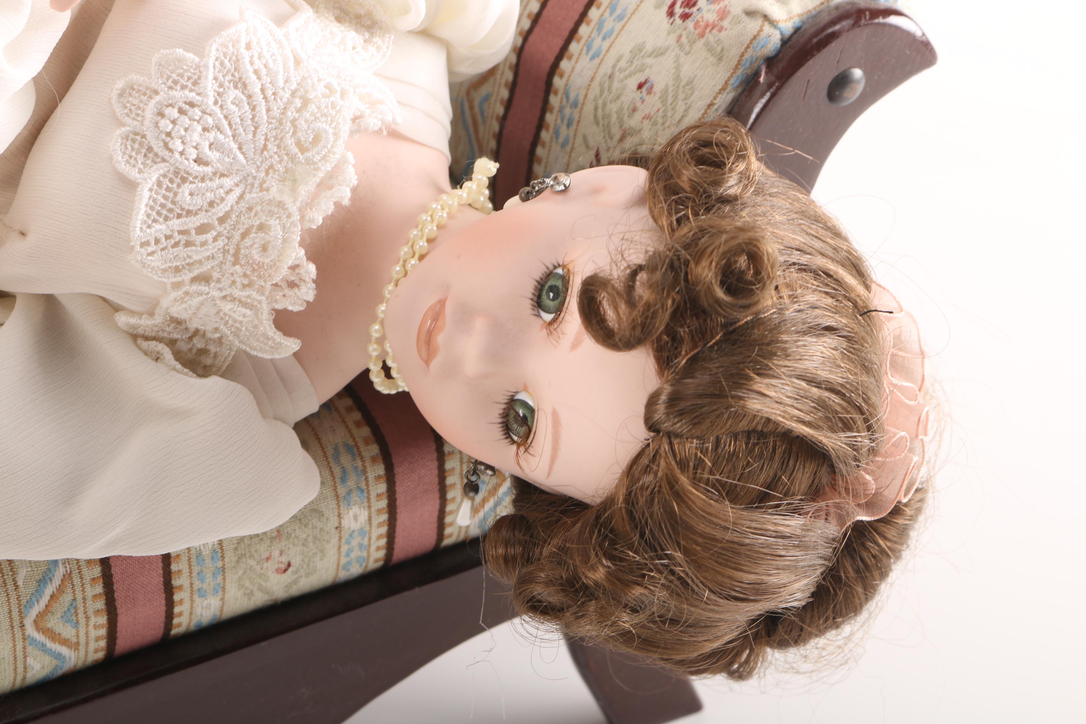 Porcelain Doll With Miniature Queen Anne Settee