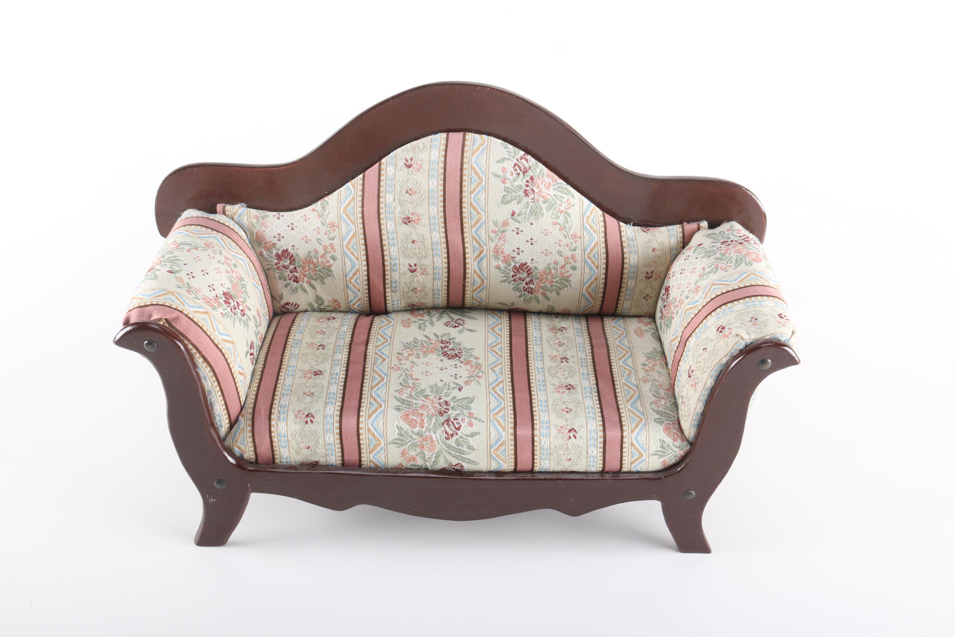 Porcelain Doll With Miniature Queen Anne Settee